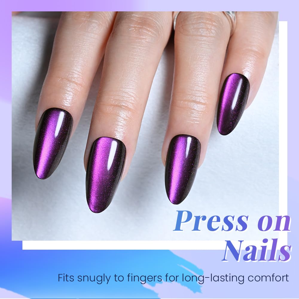 XZMeiLun Cat Eye Purple Press On Nails Almond Medium, Magnetic Acrylic Fake Nails Stylish Design, Salon-Quality Shiny Finish, Reusable Stick On Nails Kit for Women, Daily Wear (No Glue Included)