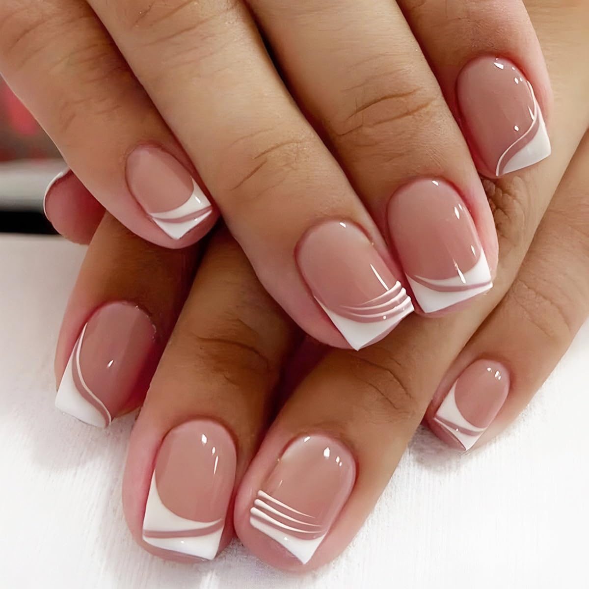 6 Packs (144 Pcs) Square Press on Nails - French Tip, Red, Heart False Nails - Short, Medium Glue on Fake Nails for Women - 12 Sizes, 6 Styles