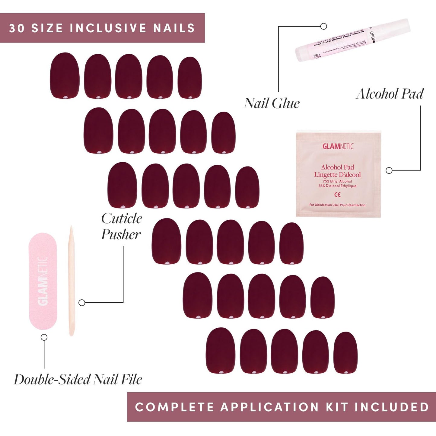 Glamnetic Press On Nails - Berry Maroon | Opaque Dark Red Maroon Short Round Fake Nails, Salon Quality | 12 Sizes - 30 Nail Kit with Glue