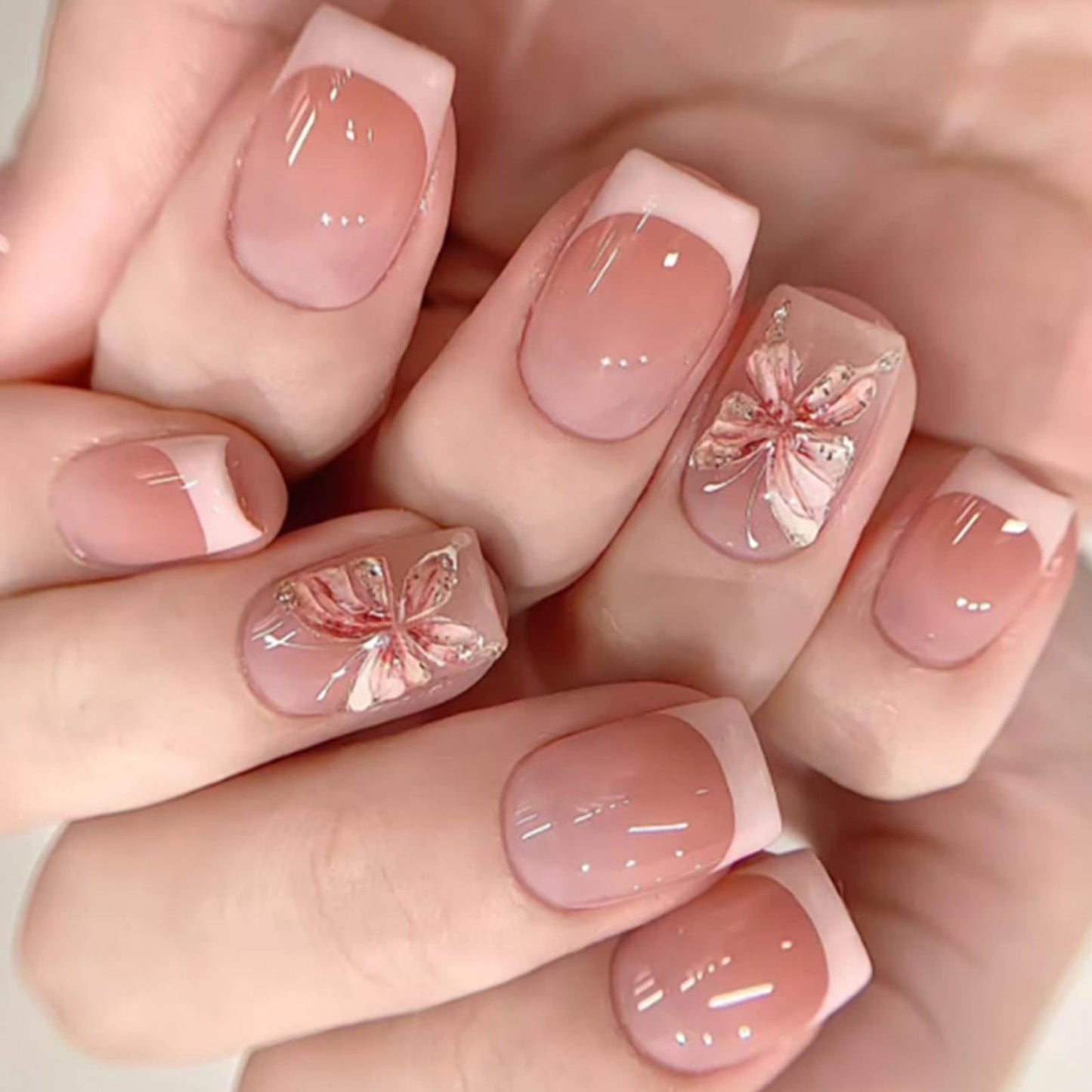 Gifiky 24Pcs French Tip Press on Nails - Short Square False Nails with Acrylic Elegant & Natural Butterflies Design, Nude Fake Nails for Women,Reusable Glue on Nails Full Cover Tips