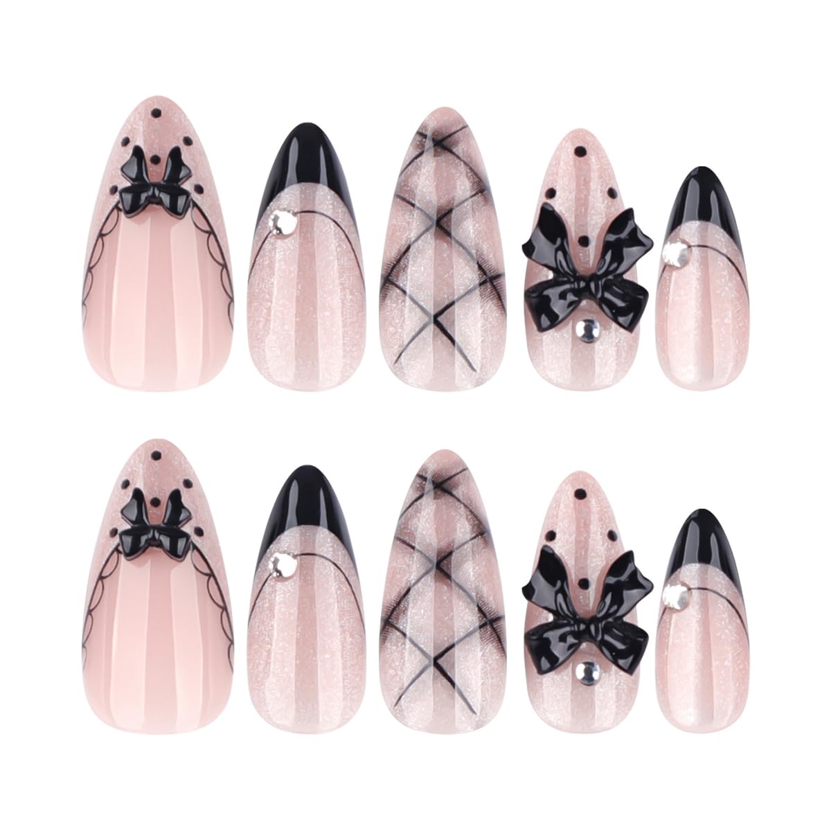 Black Press on Nails Medium Almond Fake Nails Cute Nails Press ons with Polka Dots,Black Bows,Plaid Design Glitter Reusable Artificial Nail Full Cover Glue on Nails for Women Manicure 24Pcs