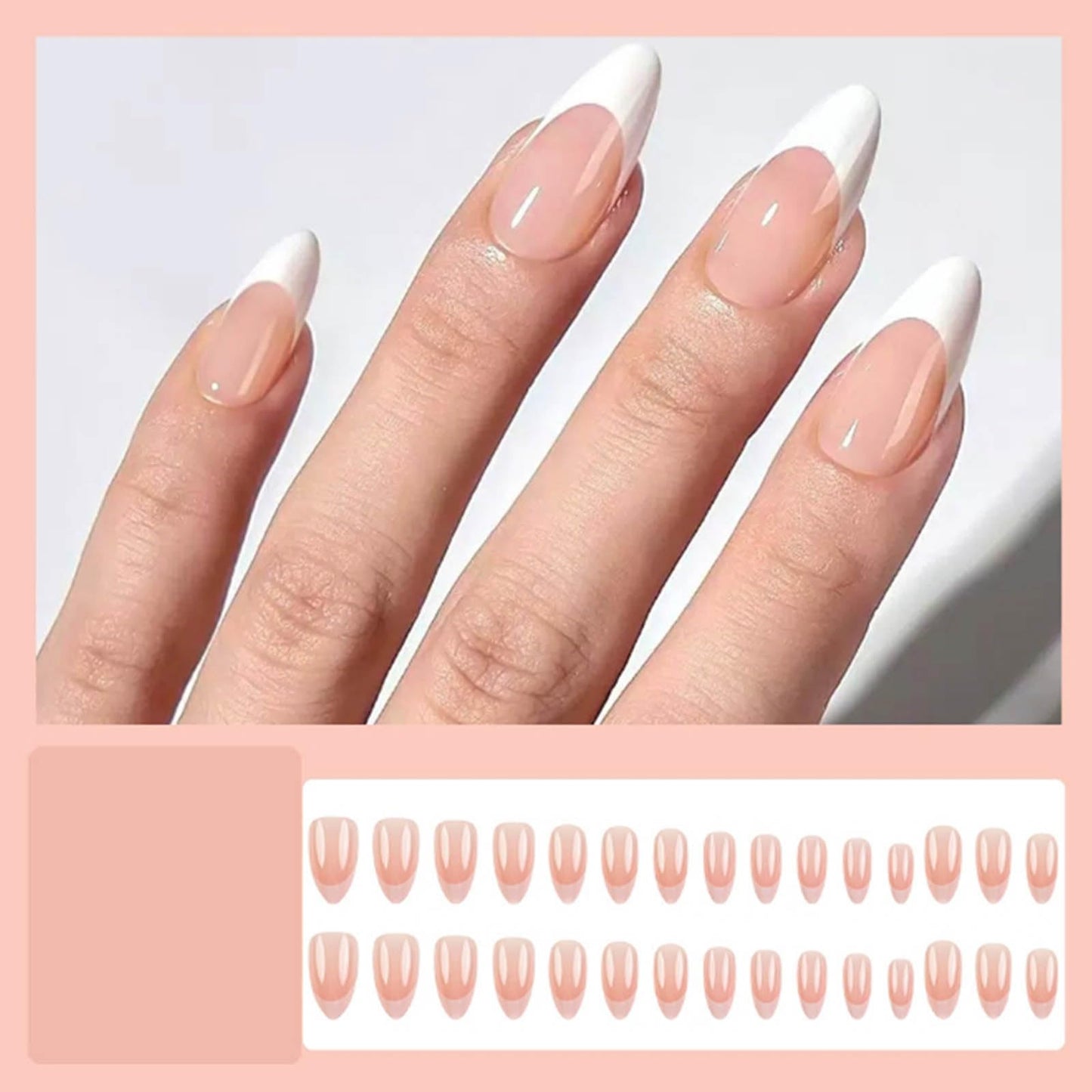 DANMANR Short Press on Nails Almond French Fake Nails Full Cover Nude Acrylic False Nails for Women and Girls24PCS (Pink White Tips)