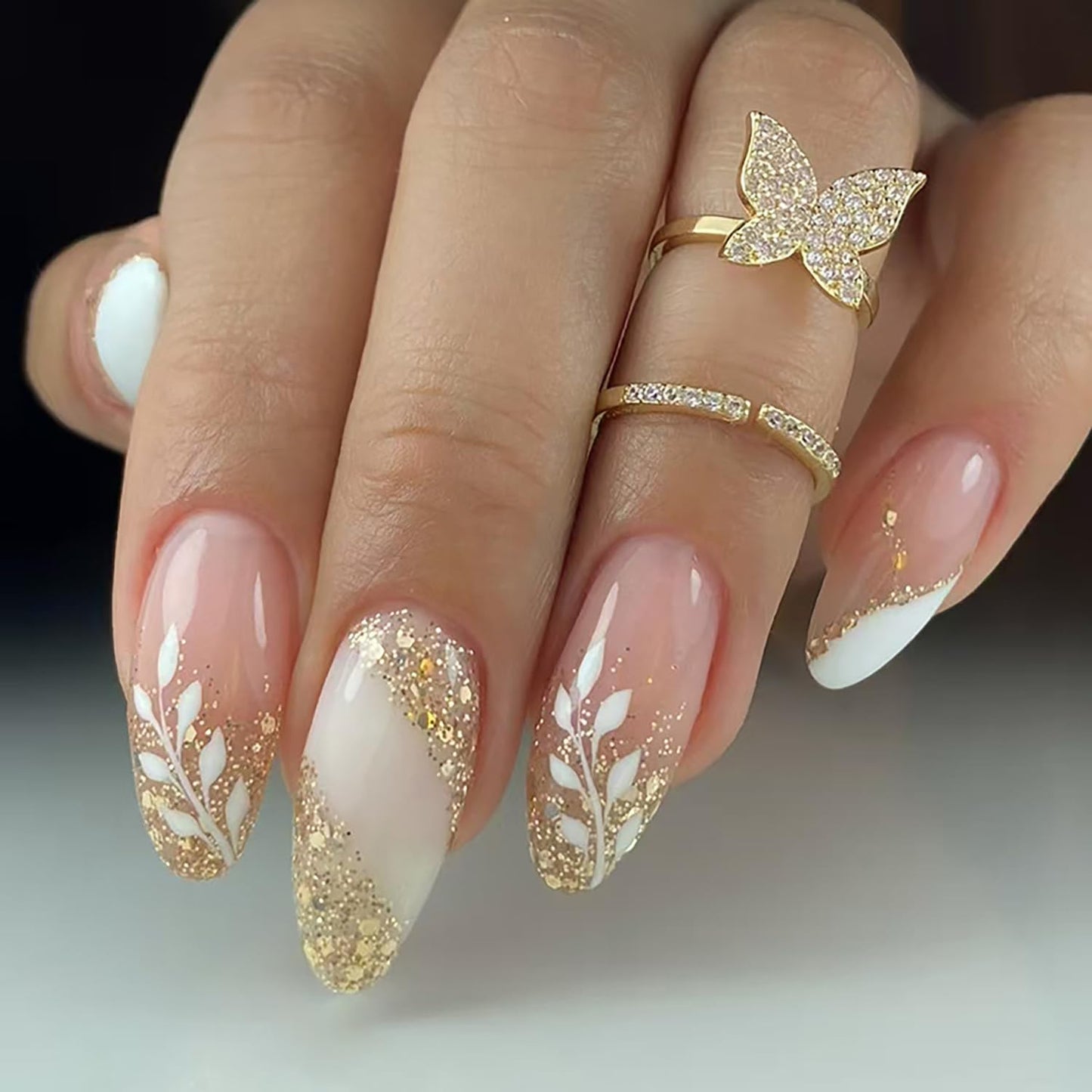 Gold Glitter Press on Nails Medium Almond Pink Fake Nails with Glue White Leaf Stick on Nails Full Cover Glossy False Nails for Women DIY Manicure Decoration 24PCS Reusable Acrylic Nails