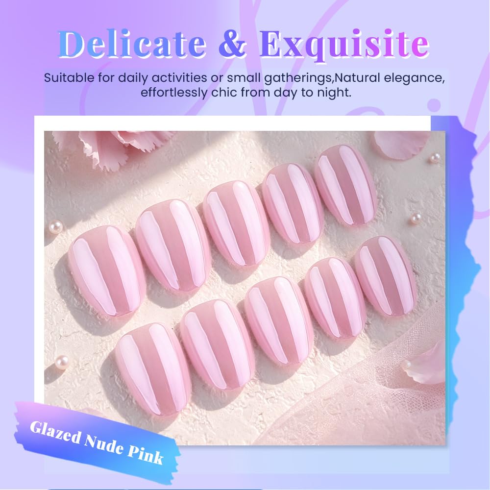 evpct Nude Pink Glazed Press on Nails Short Oval, Short Oval Chrome Metallic Aurora Stick on Nail for Women, Reusable Full Cover Soft Press on Fake Nail Perfectly Fit with Glazed Design Salon Quality