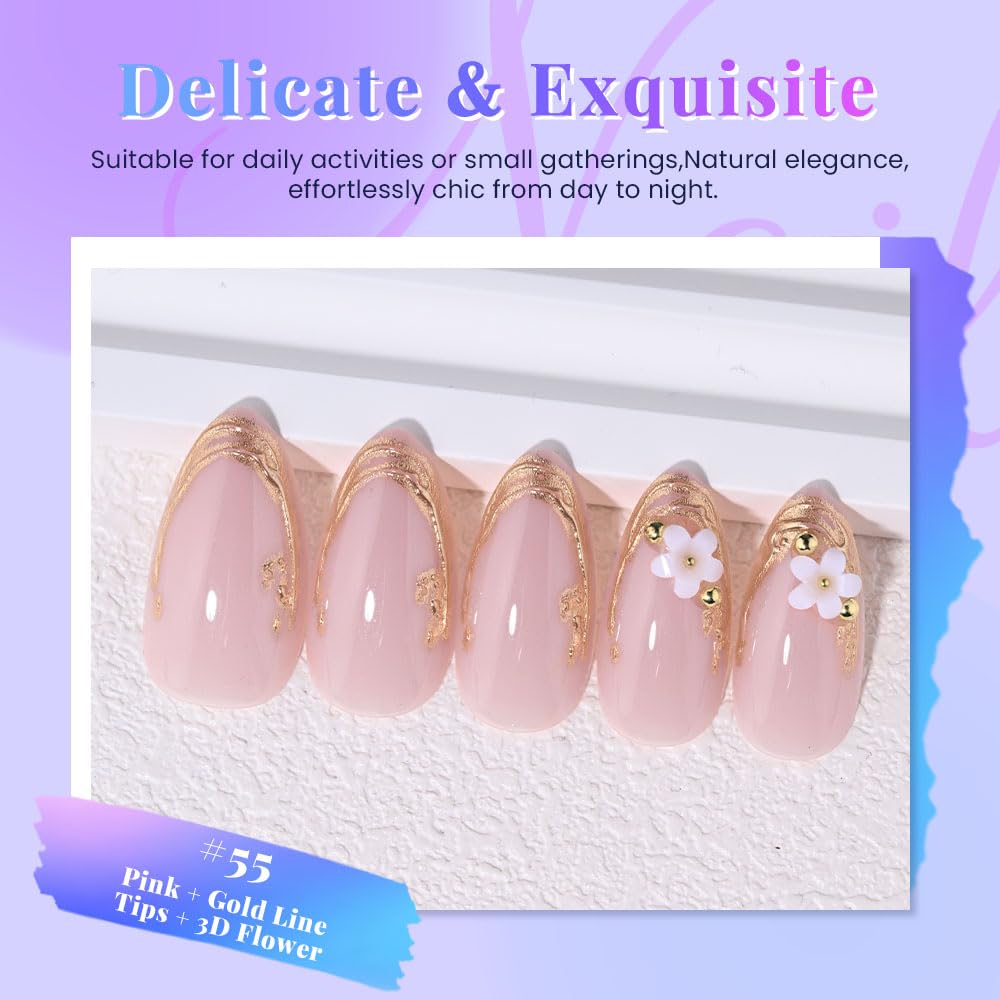 evpct Pink Press on Nails Short Almond with Gold Line, Gold French Tip Stick on Nail for Women Gift, Reusable Full Cover Soft Gel Press on Fake Nail with 3D White Flower Designs Perfectly Fit