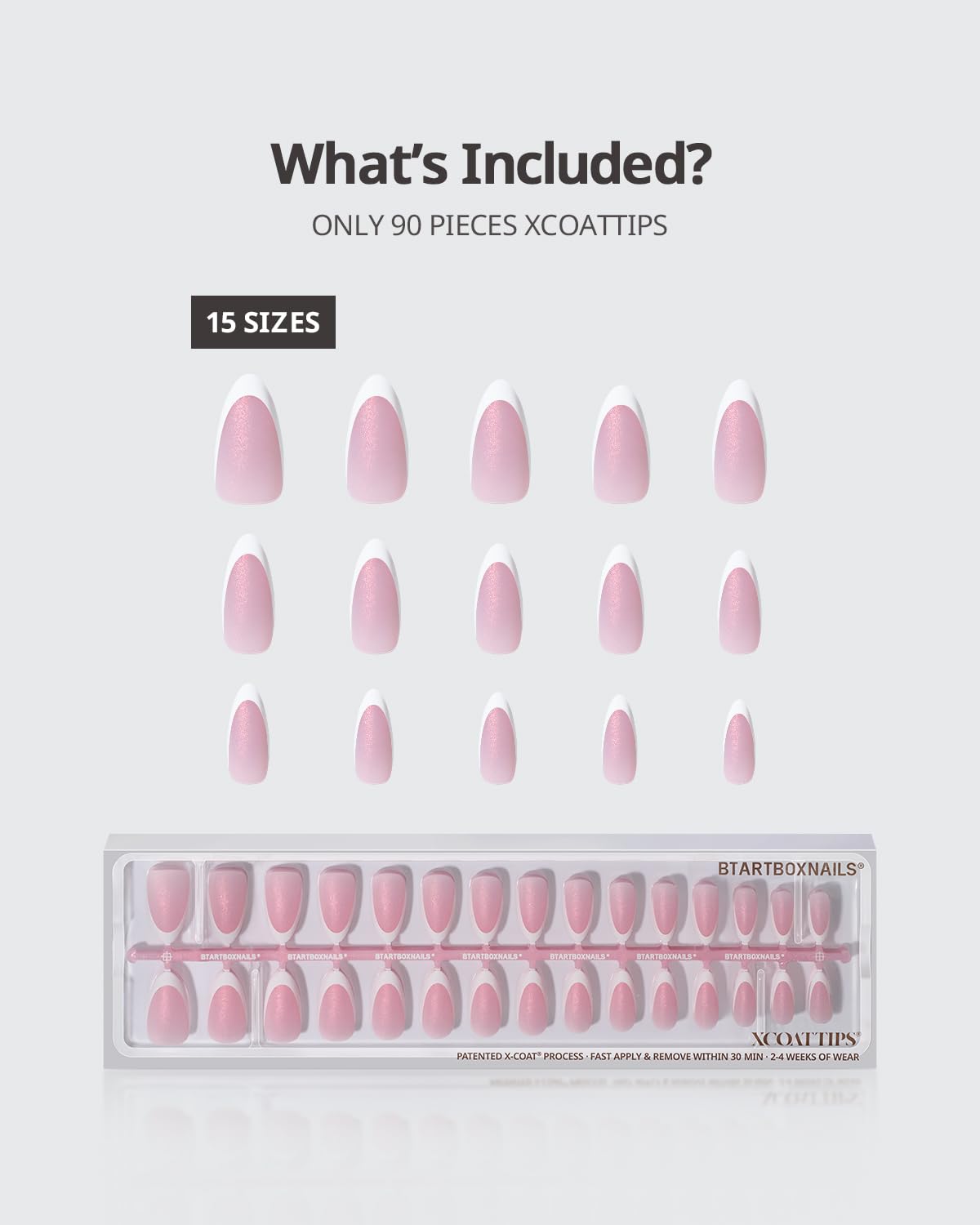 BTArtboxnails XCOATTIPS French Tip Press On Nails - Pink Glitter Base Medium Almond Press On Nails, 90 Pcs Salon Quality Soak Off Soft Gel Nail Tips Extension in 15 Sizes