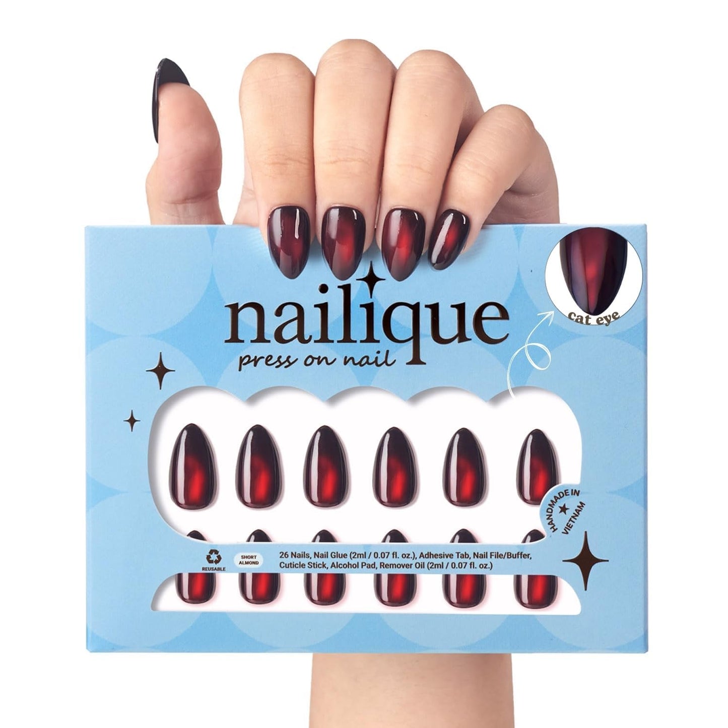 Nailique Press On Nails Short Almond – Handmade Cat Eye Soft Gel Dark Black Red, 26pcs Reusable Nail Tips with Lamp-Curable Glue, Glossy Glam Valentine Wedding Party Manicure