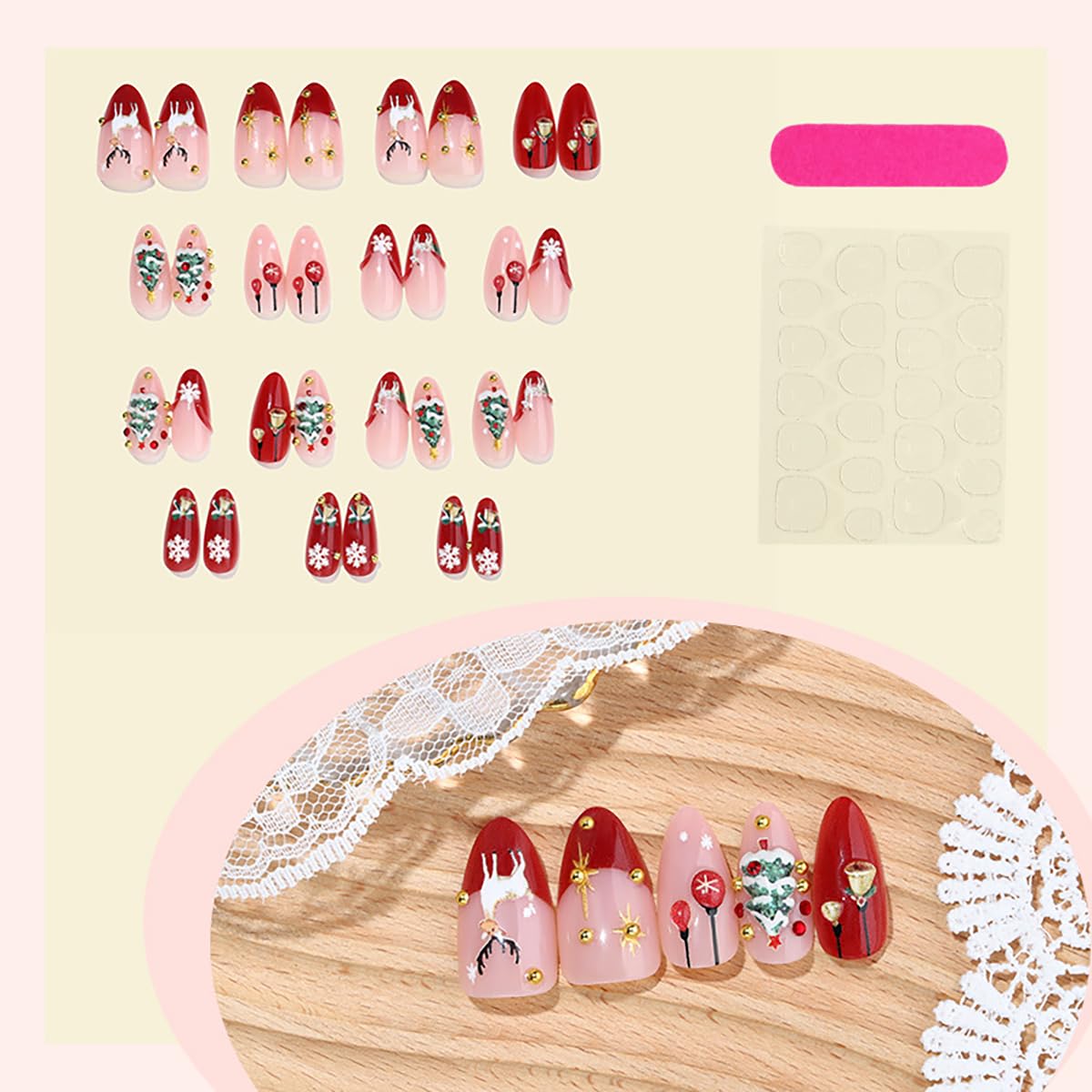 30Pcs Christmas Press on Nails Medium French Tip Fake Nails 3D Luxury Gold Beads Design Xmas Tree Bell Almond Acrylic Nails Cute Elk Snowflake Glue on Nails for Women Winter Christmas Manicure