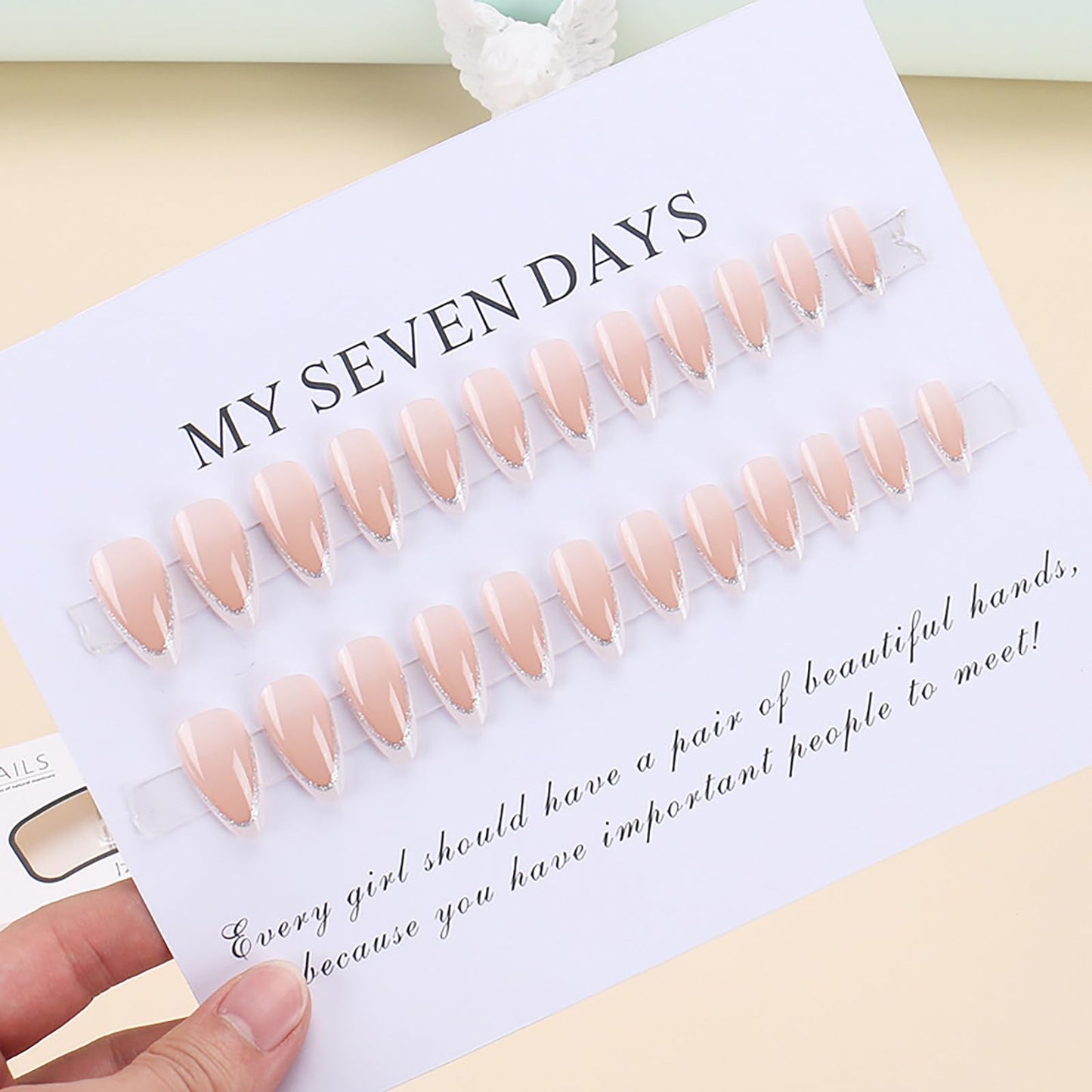 Short Almond Press on Nails With White French Tip Fake Nails Nude Pink Press ons with Silver Line Design Acrylic False Nails Glossy Artificial Stick on Nails for Women Girls 24 Pcs