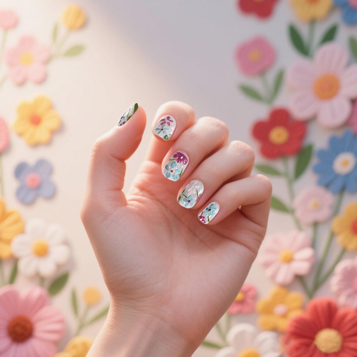 Handmade Press on Nails Short Square Fake Nails Press Ons Luxury Cute Flower Full Cover Stick on Nails Glitter Glue Nails for Women Girls Manicure (Oil Painting M)