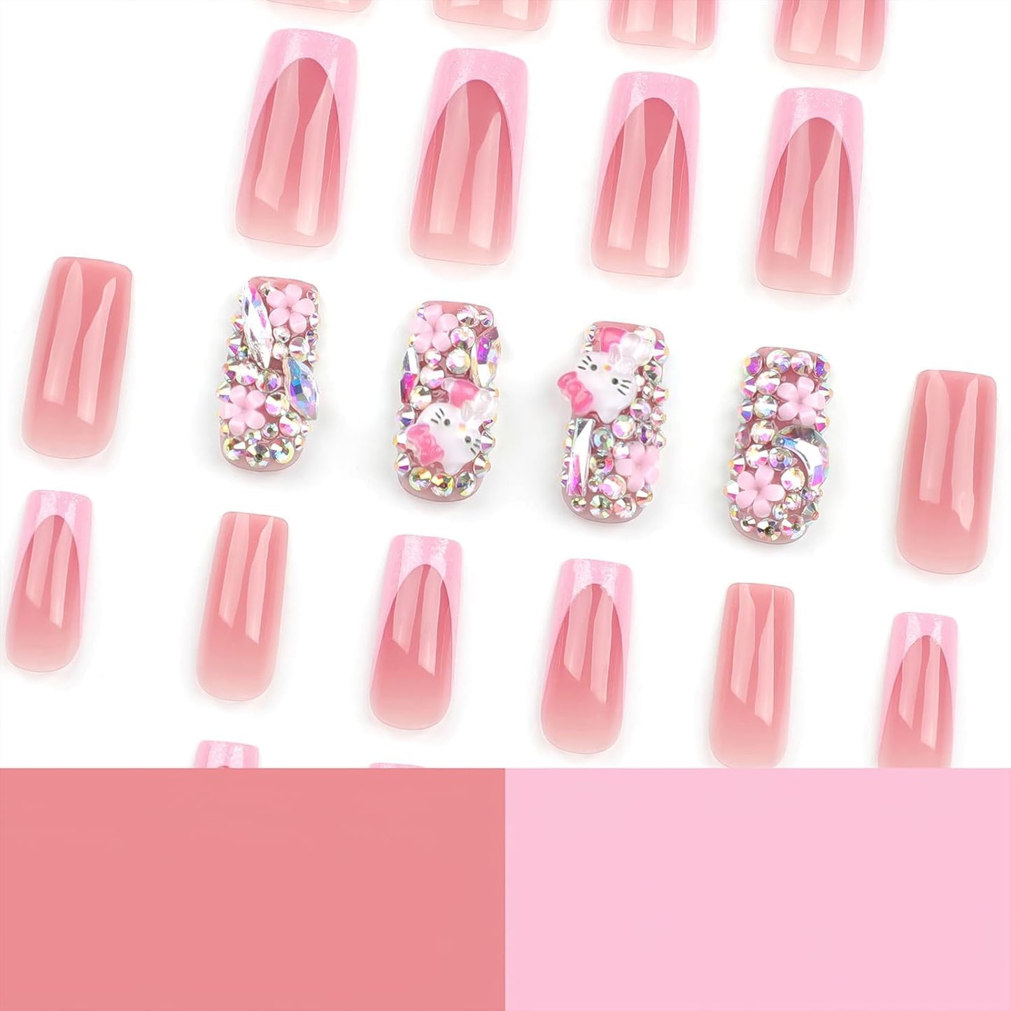 24Pcs Glitter Pink French Tip Press on Nails Medium Length Square Fake Nails with 3D Rhinestones Flower Cute Cat Full Cover Coffin False Nail with Charms Designs Acrylic Nail for Women