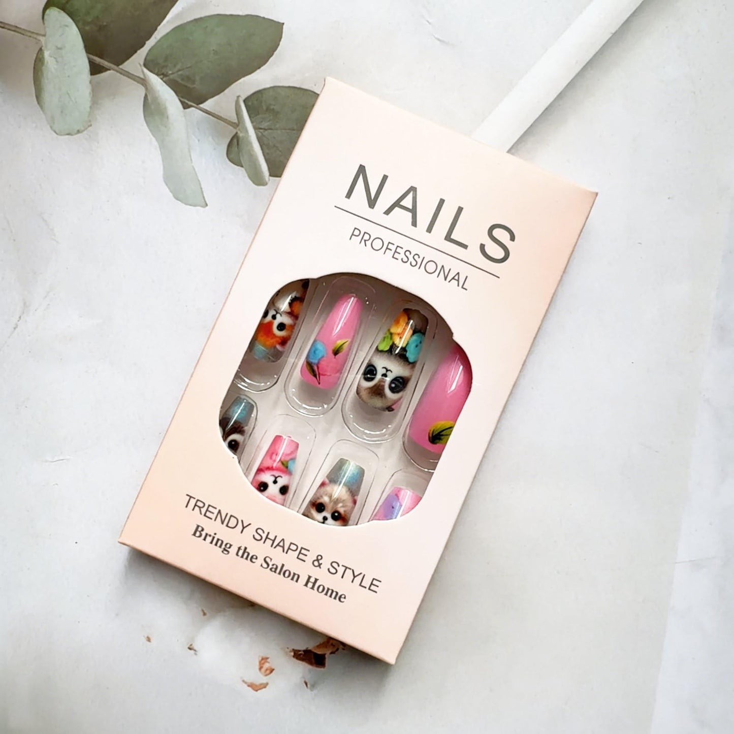 Coffin Press on Nails Medium Pink Fake Nails Raccoon Fox False Nails with Fruit Flower Design Cute Animal Artificial Acrylic Nails Full Cover Glossy Spring Summer Stick on Nails for Women Manicure Art
