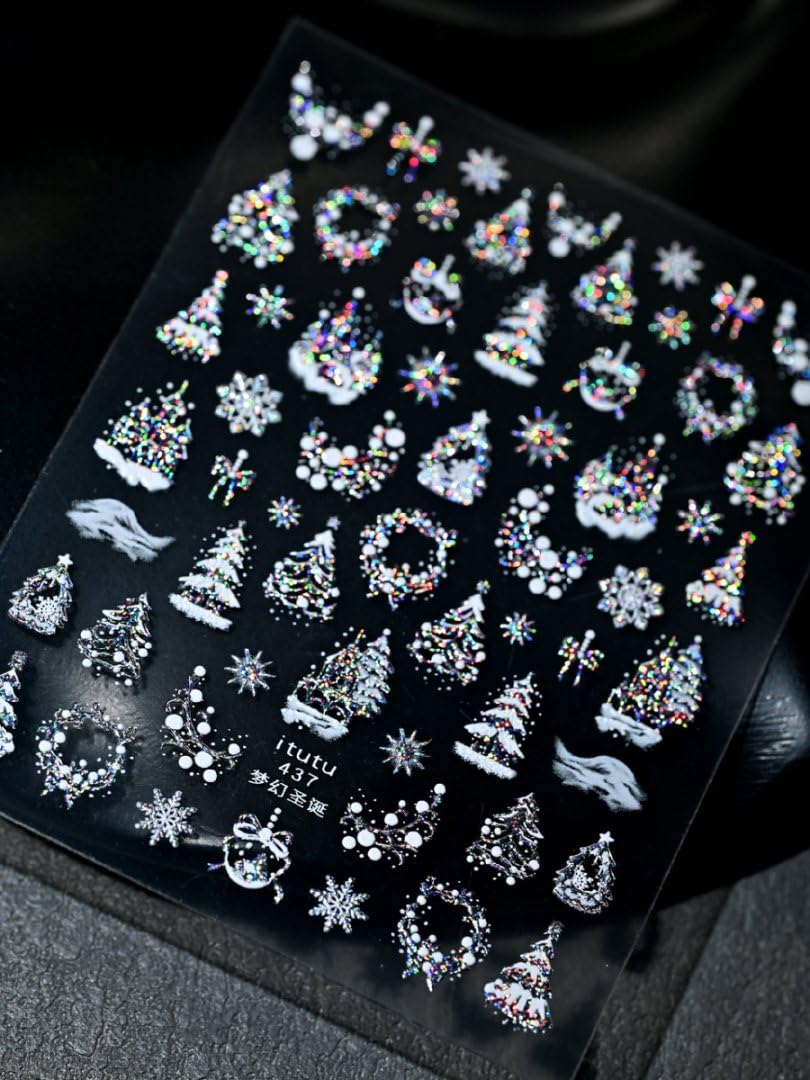 5D Embossed Christmas Nail Art Stickers Silver Nail Stickers Self-Adhesive Xmas Tree Elk Snowflakes Nail Decals Winter Xmas Holiday Manicure DIY Nail Supplies for Women Girls