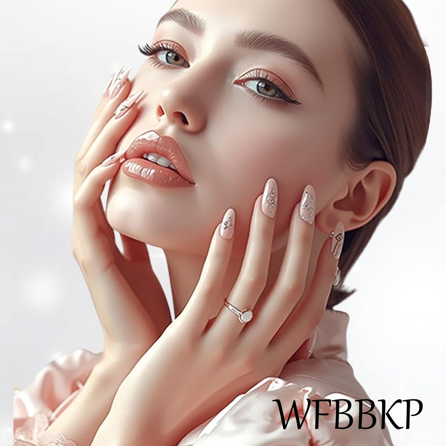 24Pcs Summer Press on Nails Short Duck Fake Nails Pink Green French Tip False Nails with 3D Flower Dewdrop Design Glitter Gold Gems Artificial Stick on Nails Full Cover Glue on Nail for Women Manicure