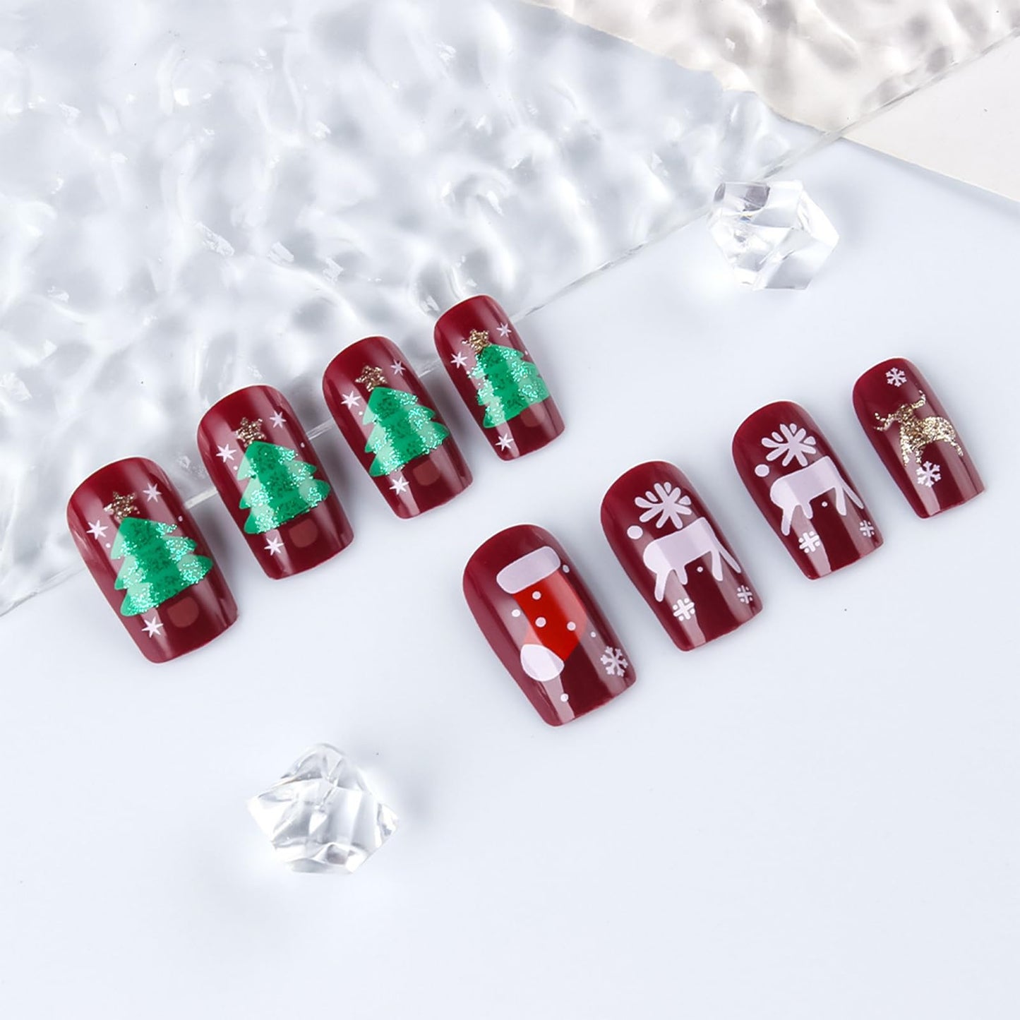 Christmas Stocking Press on Nails Christmas Medium Square False Nails 24Pcs Snowflake Gel Glue on Nail Xmas Tree Stick on Fingernails Glossy Gold Glitter Elk Acrylic Fake Nail for Women Xmas Gift