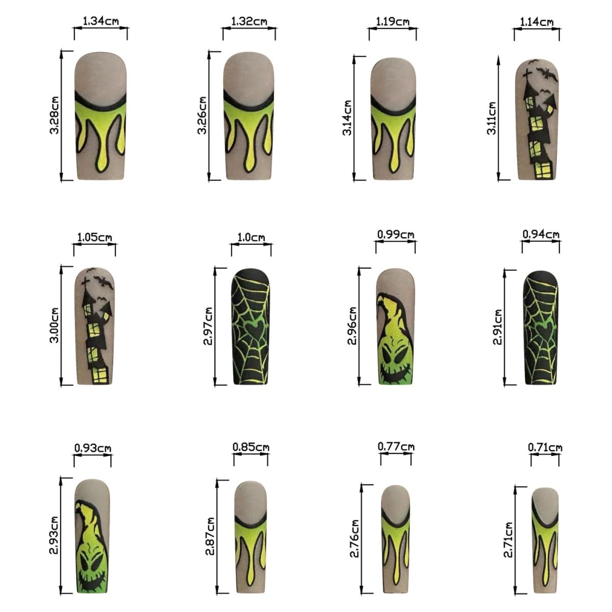 24Pcs Halloween Long Square Fake Nails Castle Spider Web Flame Design Stick on Nails French Tip False Nails Green Reusable Artificial Full Cover Acrylic Glue on Nail for Women Nail Art Decoration