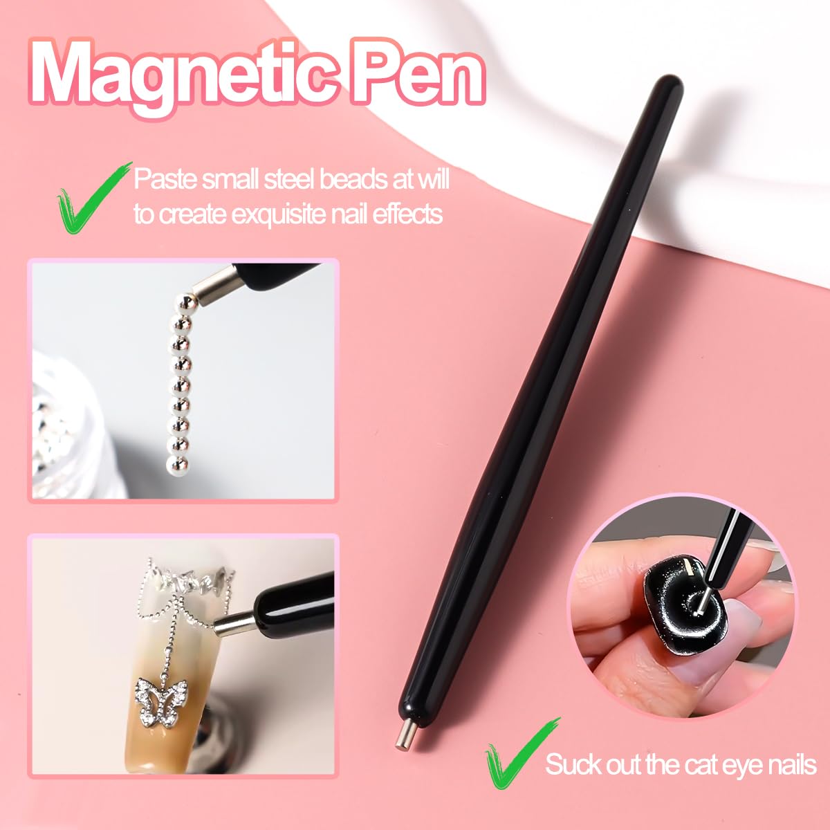 Cat Eye Magnet for Nails, Double-Head Cat Eye Nail Magnet Set with Round Magnet Beads, French & Heart-Shaped Nail Magnetic Guides Bead-Attracting Nail Magnets Pen for Nail Art Design