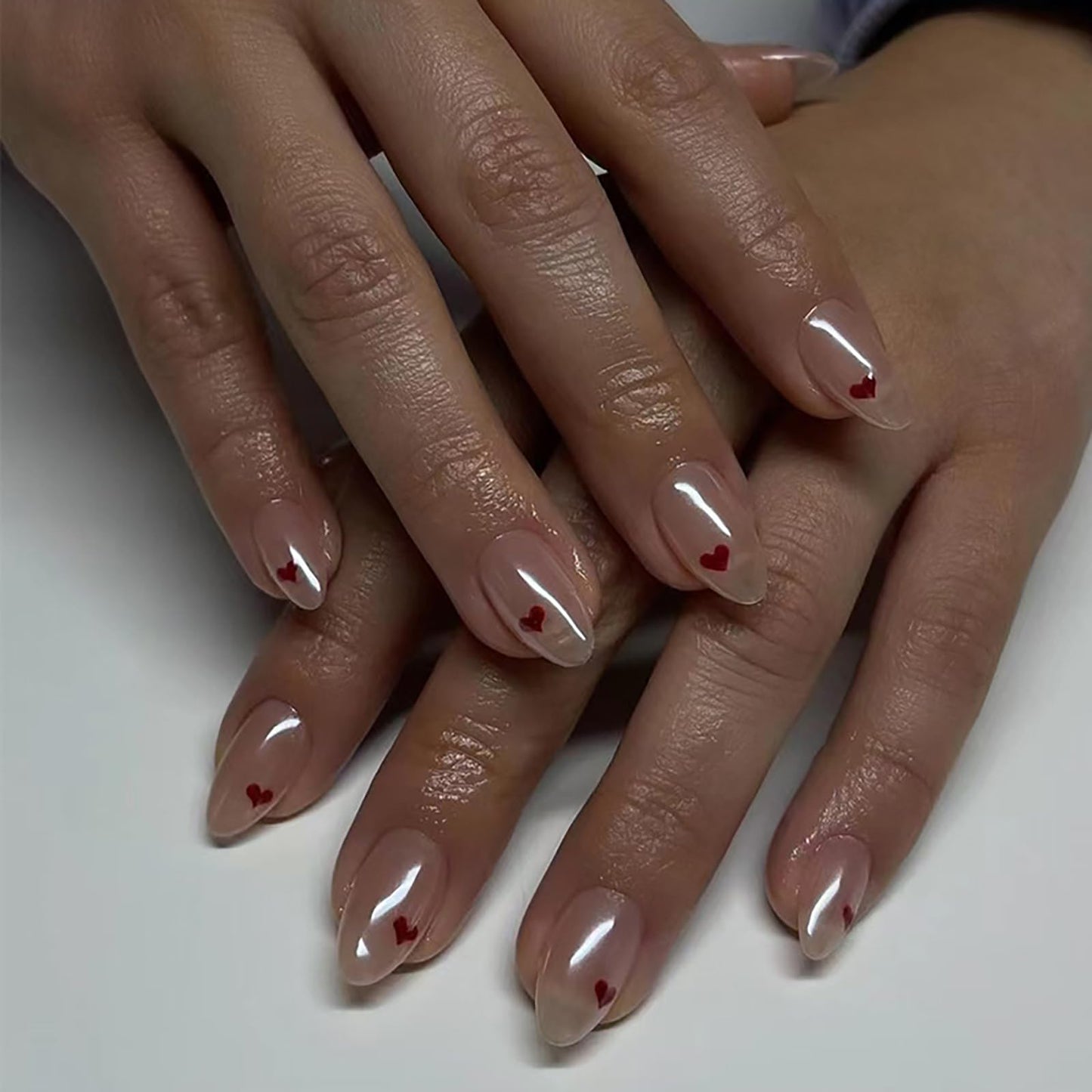 Short Almond Press on Nails Nude Pink Fake Nails With Designs Heart Motif Nails Press ons Acrylic Nails False Glossy Artificial Full Cover Stick on Nails for Women Girls 24 Pcs