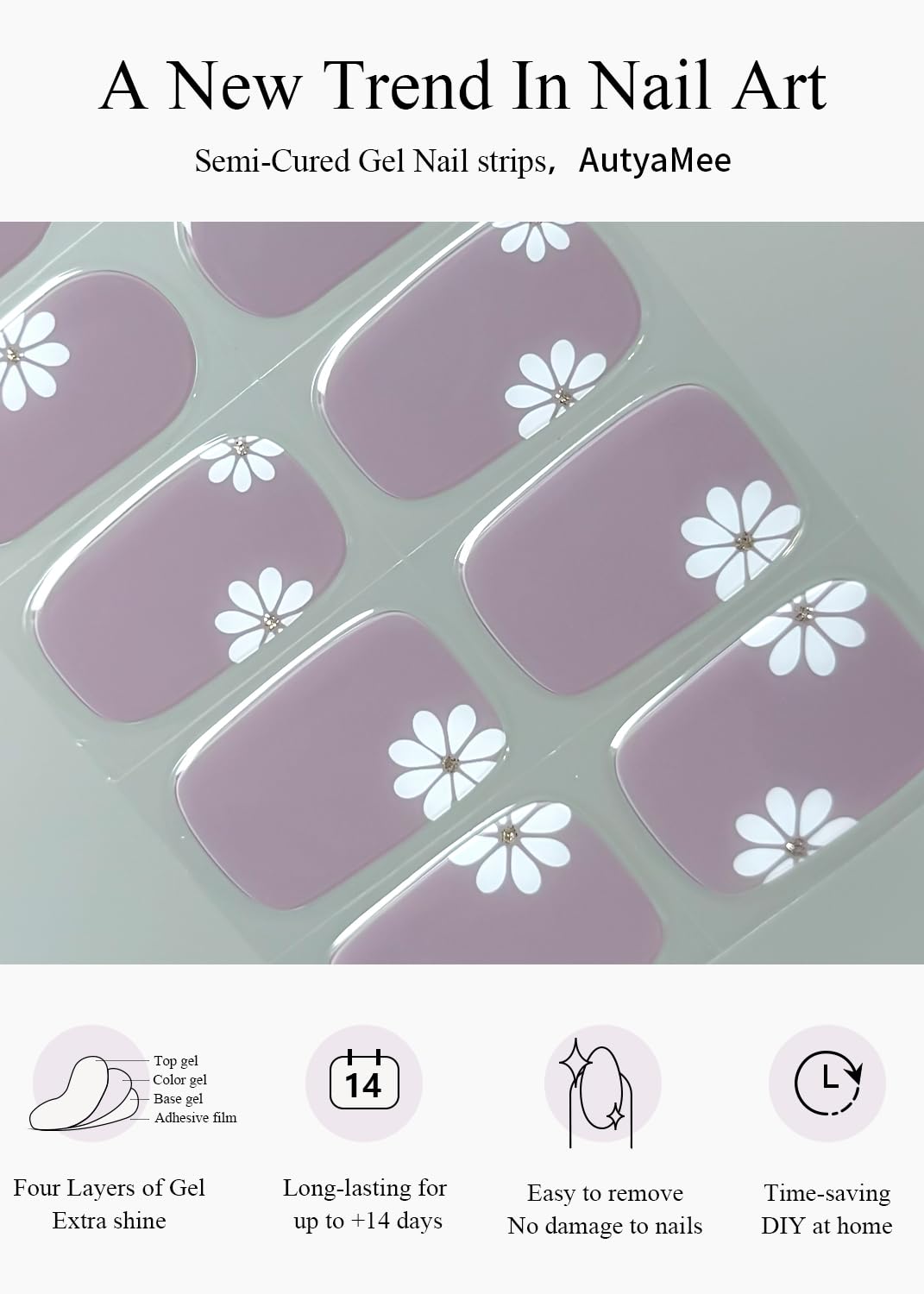 AutyaMee Semi Cured Gel Nail Strips (Purple Flower), 20 Pcs Gel Nail Wraps, Stickers, Salon Quality, Long Lasting, Works with Any UV Lamps