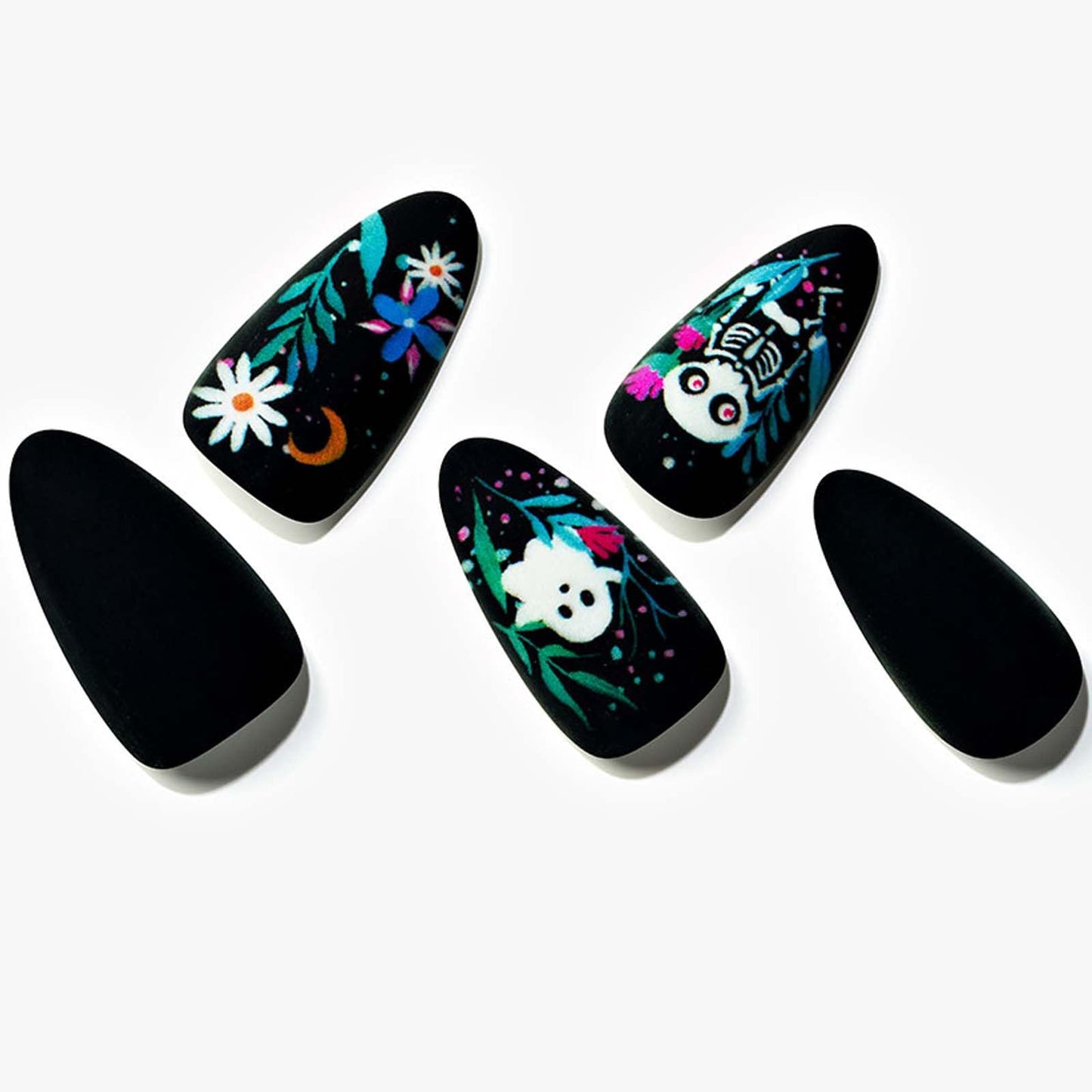 GLAMERMAID Dull Polish Black Press on Nails Medium Almond, Halloween Floral Ghost Gel Glue on Nail, Gothic Short Stiletto Reusable UV Finish Fake Nail, Acrylic Oval False Nails Manicure Kits for Women