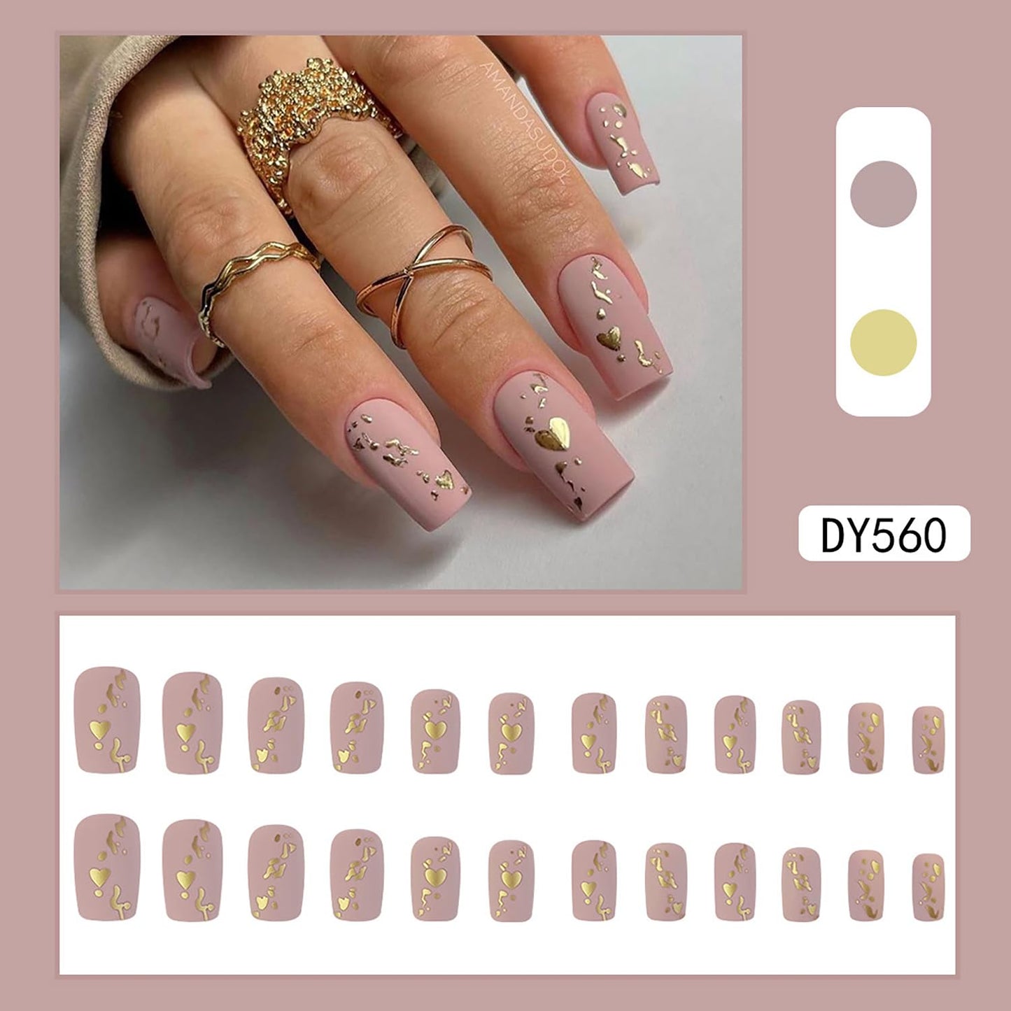 Vezocim 24Pcs Press on Nails Medium Square Glossy Full Cover Artificial Fake Nails with Gold Heart Designs Acrylic Coffin False Nails with Glue Stick on Fingernails for Women Girls