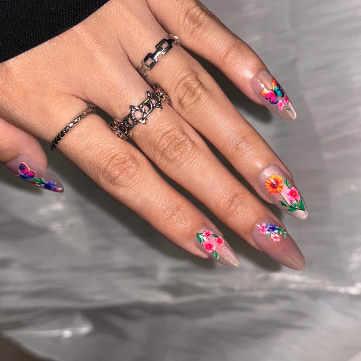 Spring Press on False Nails Pink Cat Eye Glue on Nails Medium Almond Fake Nails with Colorful Butterfly Flower Designs Glossy Press ons Stick on Nail for Women Manicure 24Pcs