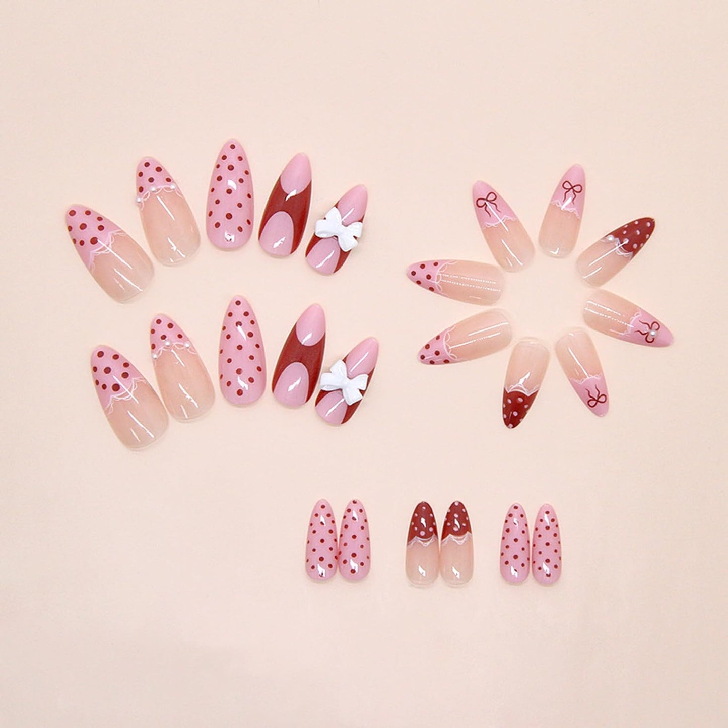 24Pcs Pink French Press on Nails Medium Almond Fake Nails Polka Dot, French Lace, Bow, Pearls Design French Nails 3D Cute Bows Press on Stick on Nails for Women Daily Wear DIY Nails