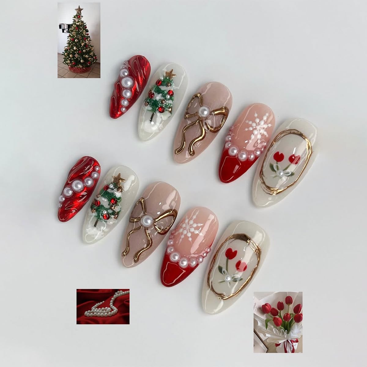 30Pcs Christmas Press on Nail Red French Tip Almond Fake Nail with 3D Pearl Designs Snowflake Full Cover Stick on Nails Flower Gold Bow Xmas False Nail Winter Medium Glue on Nails for Women