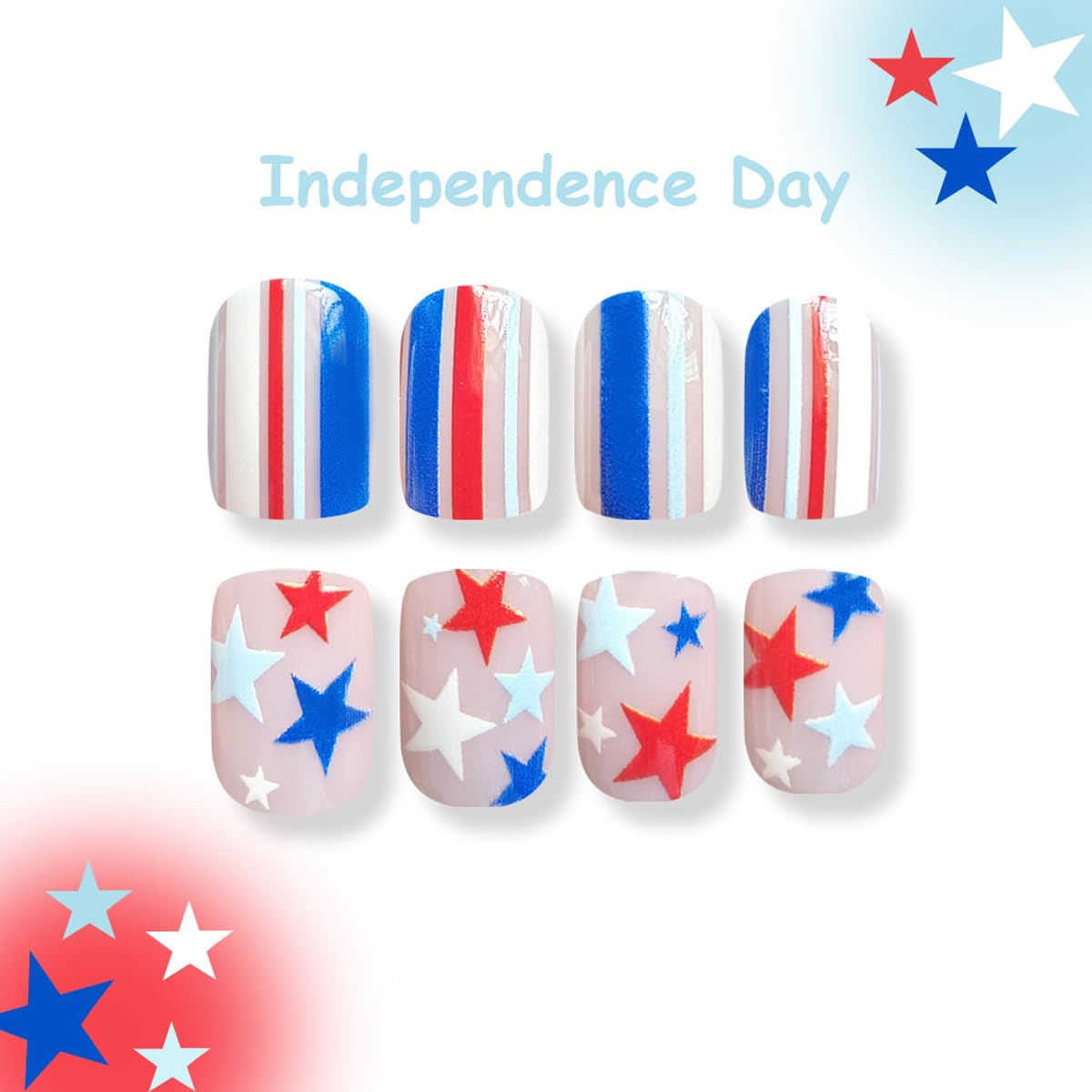 4th of July Press on Nails Short Square Fake Nails Patriotic Nails Press ons with Red Blue Stars & Stripes Design,Reusable Artificial Nails,24Pcs Nail Kit for Women Independence Day Manicure