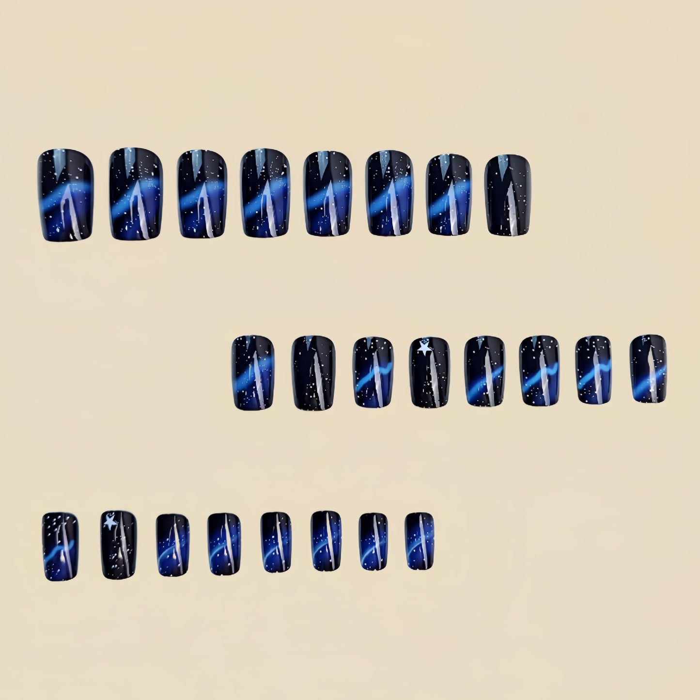 Star Press on Nails Short Square Fake Nails Black Acrylic Nails Glitter Artificial Nails Blue Line Stripes Glue on Nails Glossy Stick Nail for Women Manicure 24Pcs