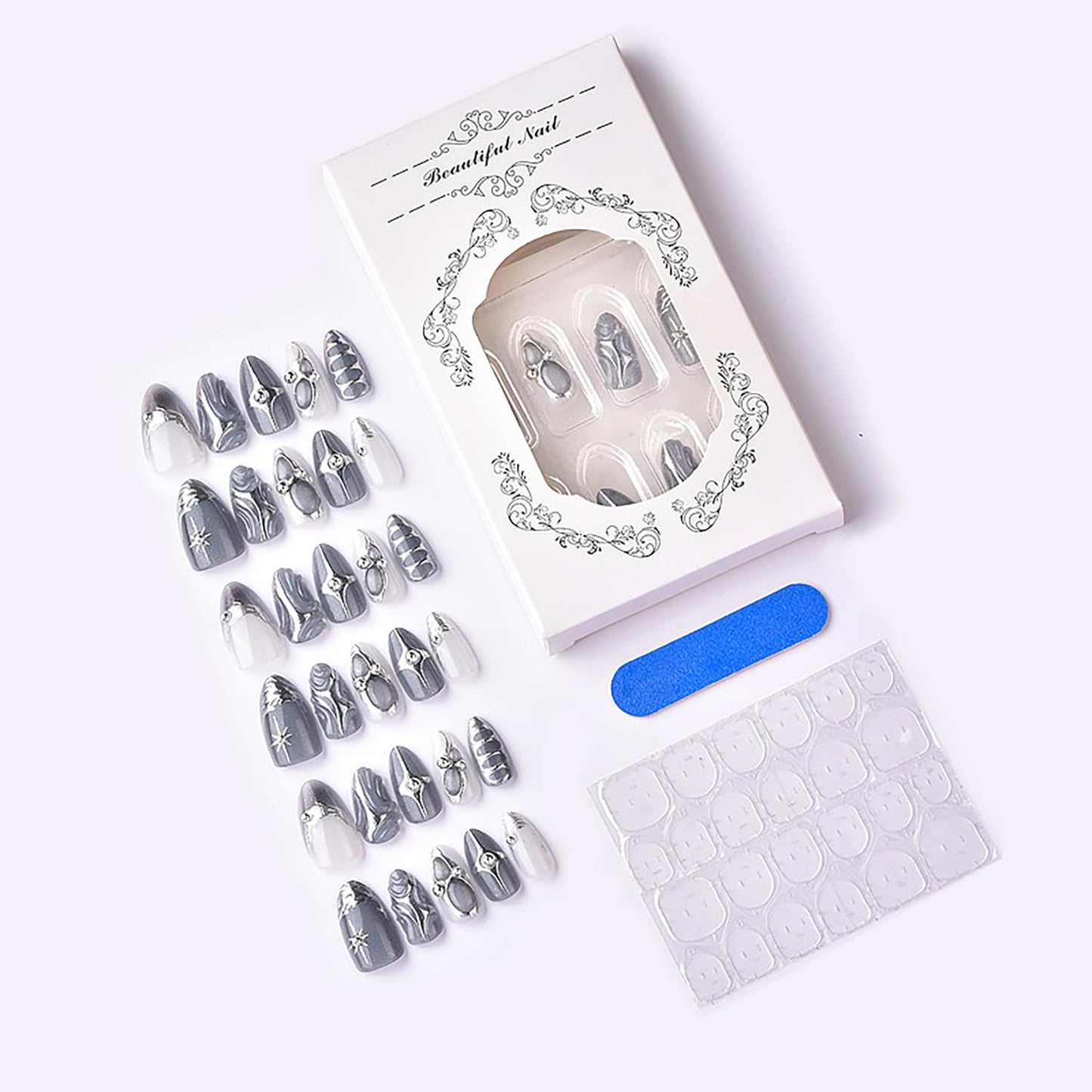 30pcs French Tip Press on Nails Medium Almond Fake Nails with 3d Rhinestones Designs Glue on Nails Gothic Silver Star False Nails Grey Glossy Full Cover Artificial Acrylic Nail Decoration for Women