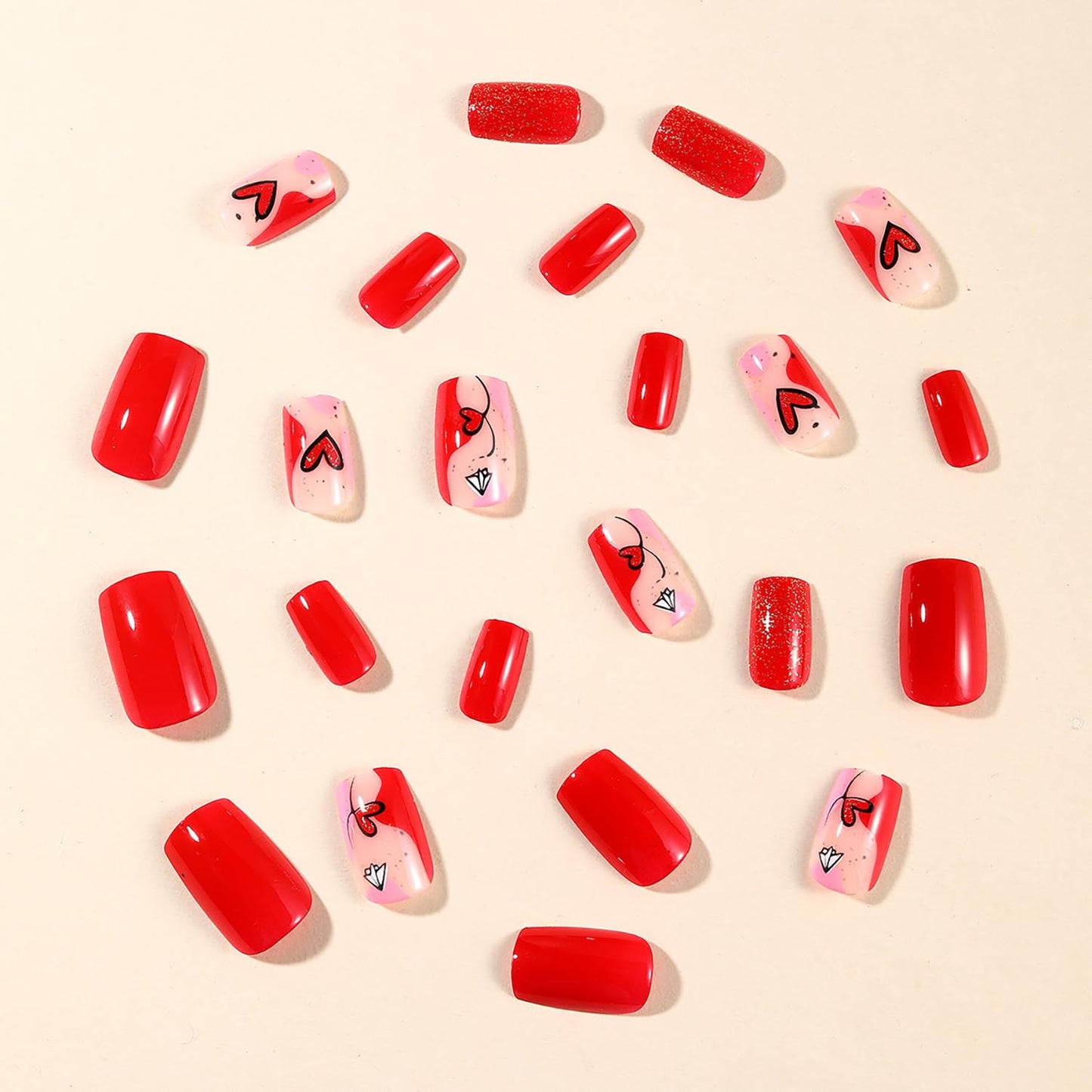 FIEONCIY Medium Square Glossy Full Cover Acrylic False Nails with Heart Designs Artificial Square Fake Nails Glue ons Fingernails for Women Girls (A80103)
