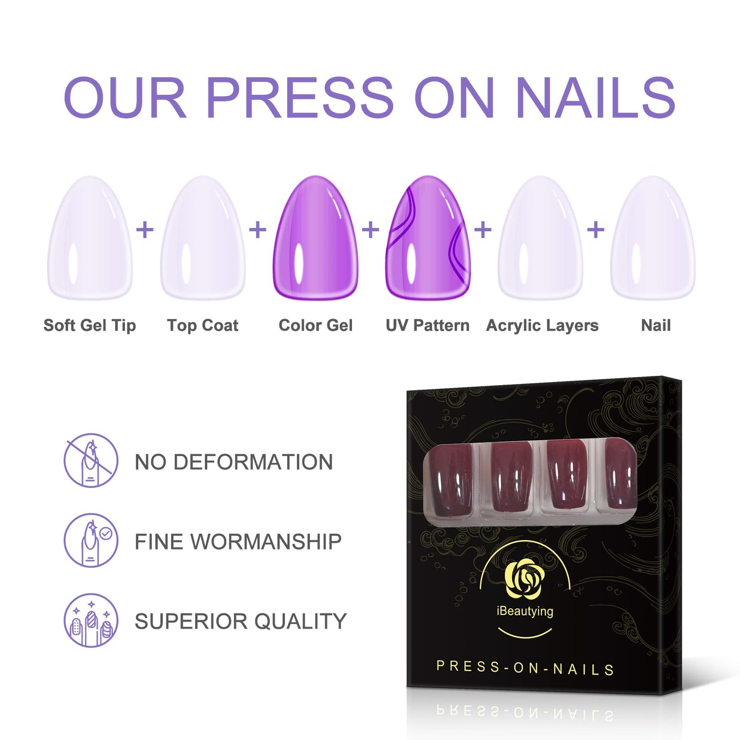 Claret Red Press on Nails - iBeautying False Nails - Dark Wine Red Brown Finish Finger Daily Wear Nail - Medium Square Acrylic Reusable Fake Nails 24pcs