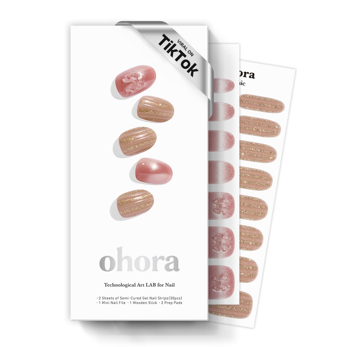 ohora Semi Cured Gel Nail Strips (N Rosy Bow) - 3D, Magnet, Pink, Gold, Works with Any Lamps, Salon-Quality, Long Lasting, Easy to Apply & Remove - Includes 2 Prep Pads, Nail File & Wooden Stick