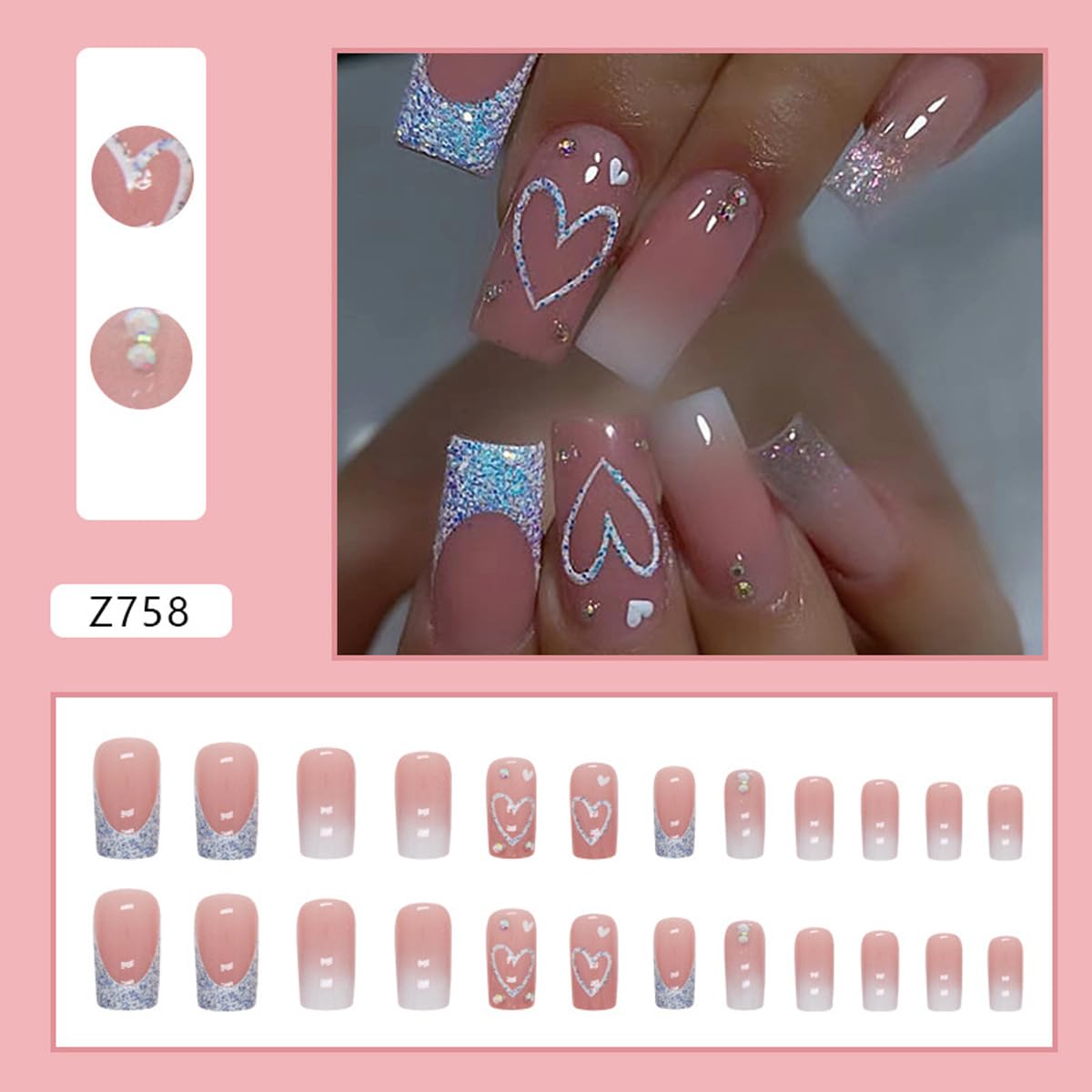 Square Press on Nails Long Pink Ombre Glue on Nail Glitter French Tip Fake Nails with Heart Rhinestone Design Cute Nails Press ons Full Cover Stick on Nail for Women Girls Manicure 24Pcs