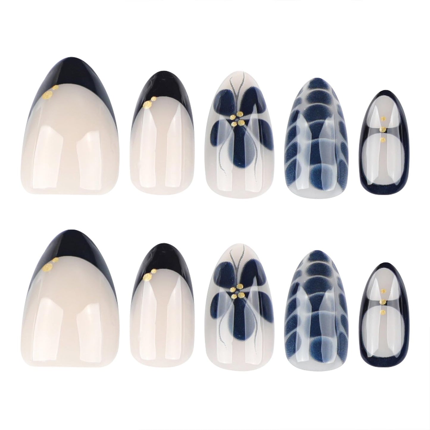 SINHOT Almond Press on Nails - Short Fake Nails, Glossy Finish, Goth Blue Flower & Crocodile Print, DIY Artificial False Nail Art - 24 Pcs Nail Kit with Glue