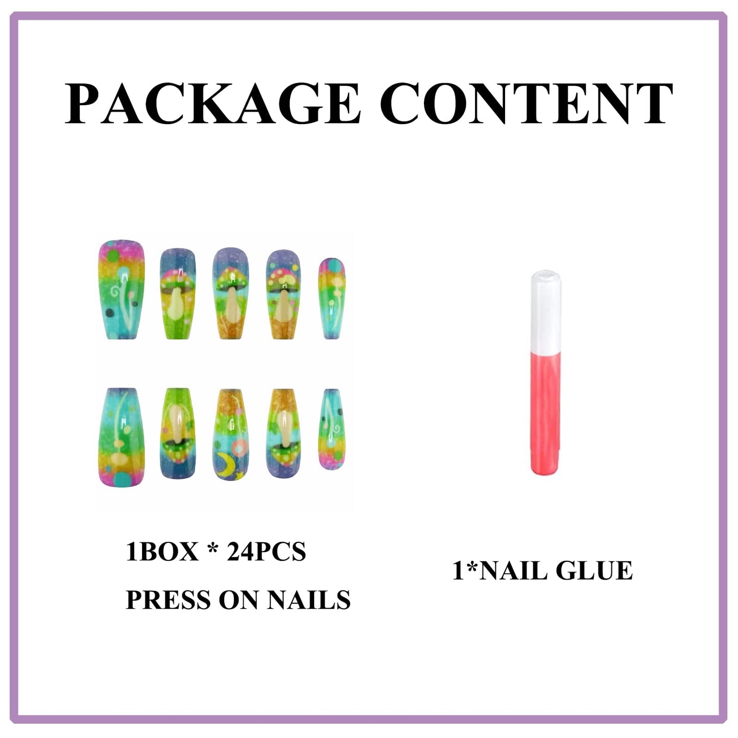 MERVF Coffin Press on Nails Long Fake Nails Colorful Glue ons Mushroom Design Cute Manicure Acrylic Neon Ballerina False Nail Supplies DIY Glossy 24pcs