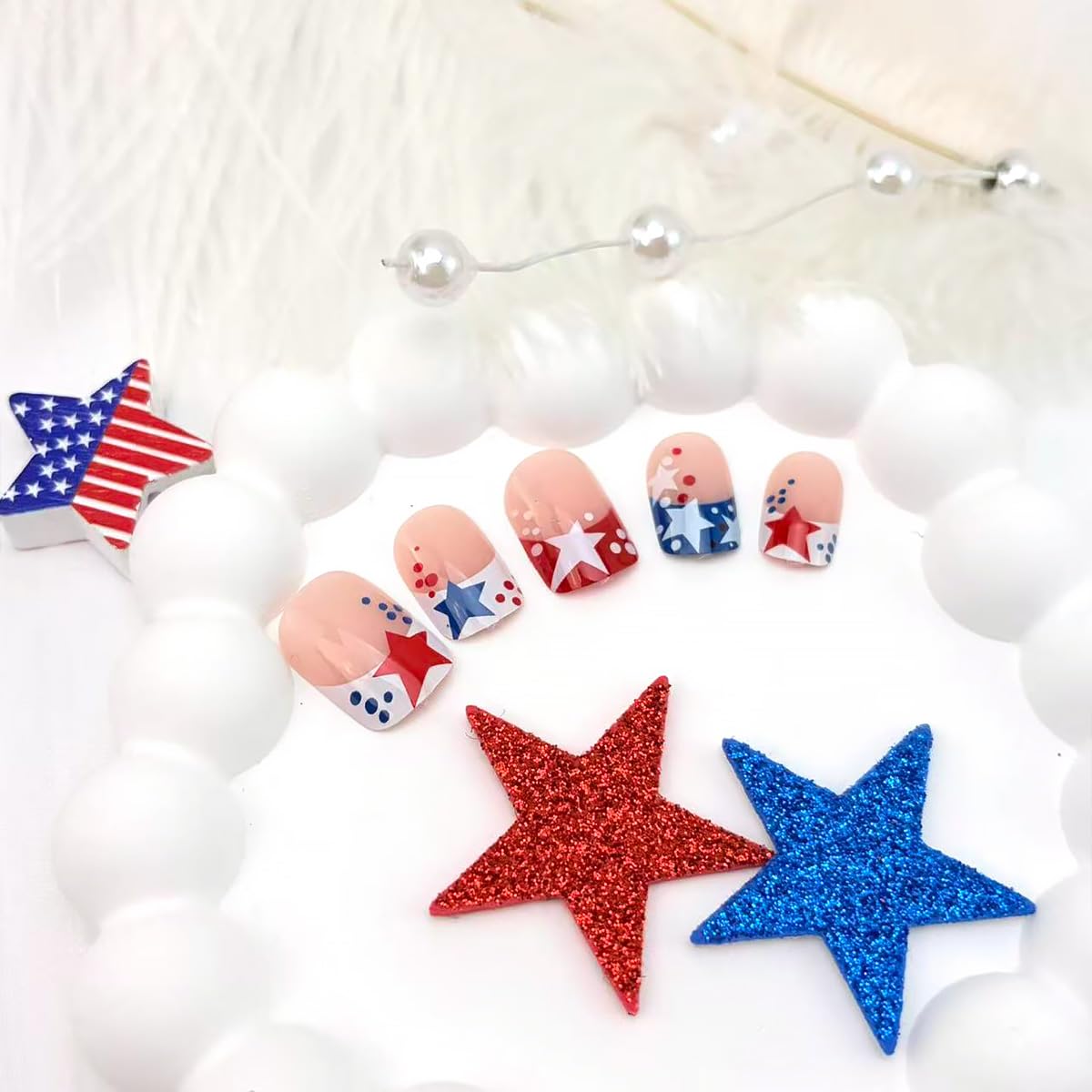 24Pcs Independence Day Press on Nails Short Square French Tip Fake Nails with Red Blue White Star Design 4th of July False Nails Patriotic Glue on Nail Full Cover Artificial Stick on Nails for Women