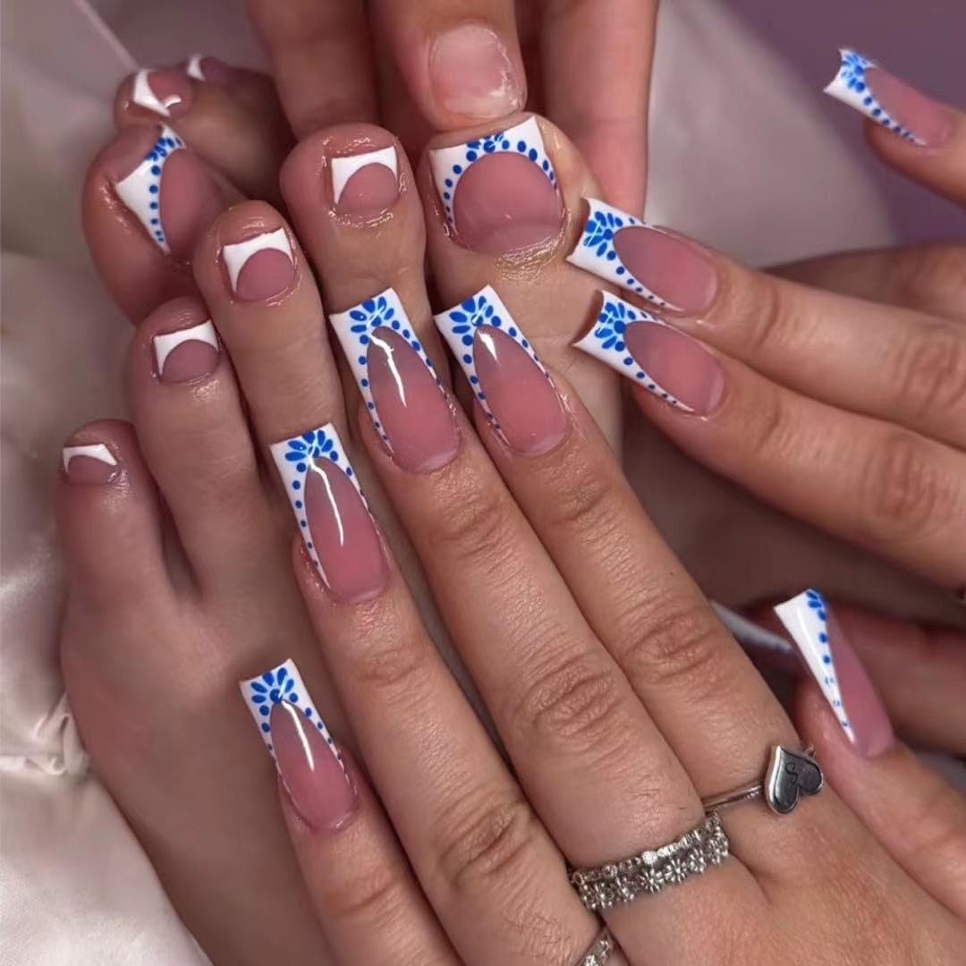 CTTHNBD Medium Press on Nails Square & Press on Toenails Set, White French Tip with Blue Spot Design - for Women 48 Pcs