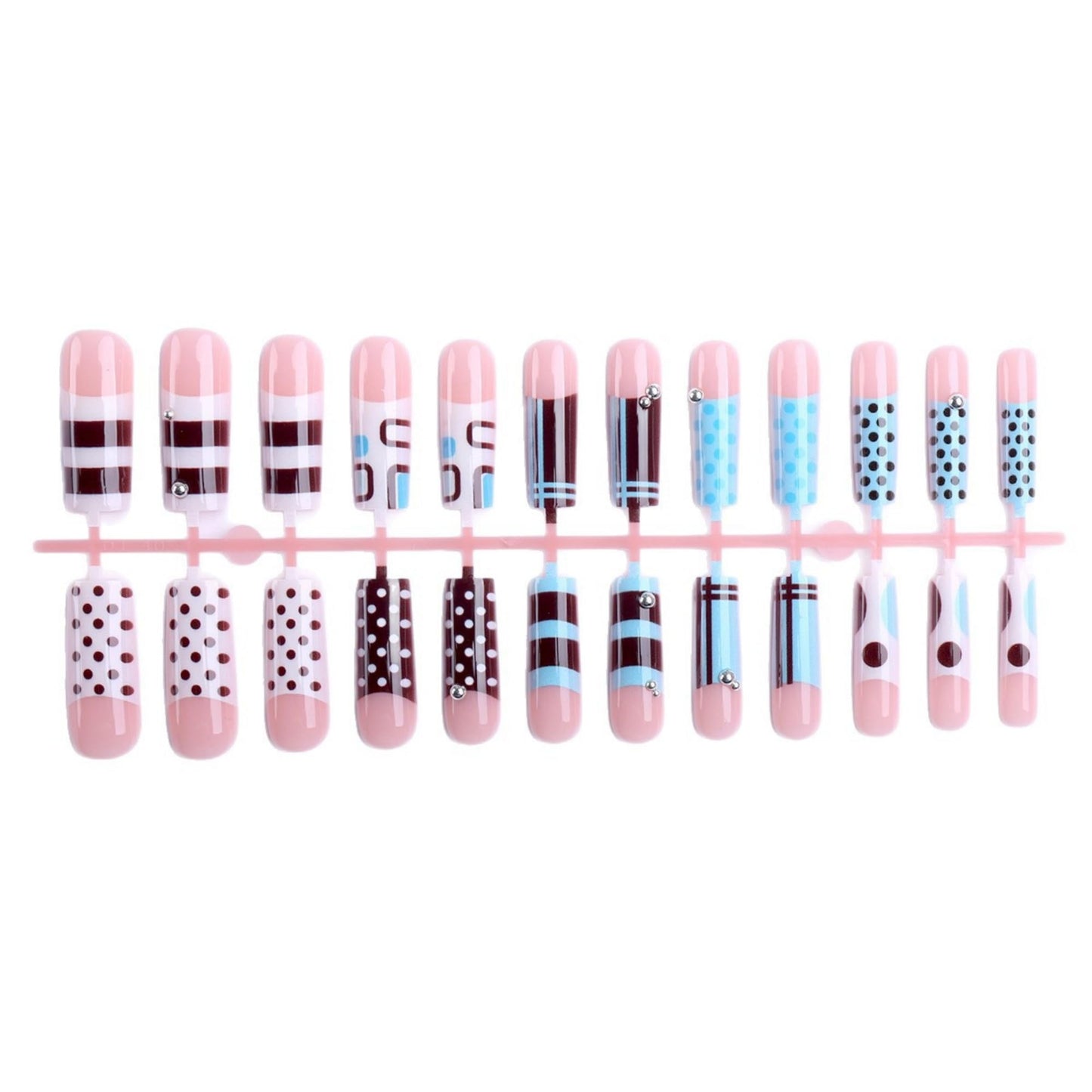 octoswave Long Square Press on Nails with Rhinestone Designs Blue Plaid and Polka Dot Glossy Fake Nails Acrylic Stick on Nails for Women Party Wedding Prom 24 Pcs