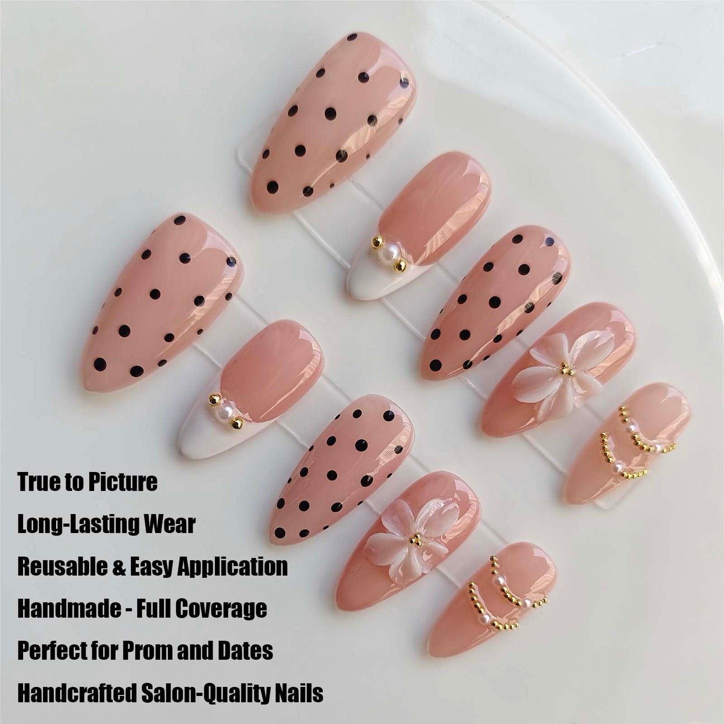 Gleamrain 10pcs Almond Handmade Press-on Nails, Medium French Tip (M Size) - With Flower and Polka Dots Design, Pink,Suitable for Women Girls for Daily, Parties, Holidays and Proms,D202