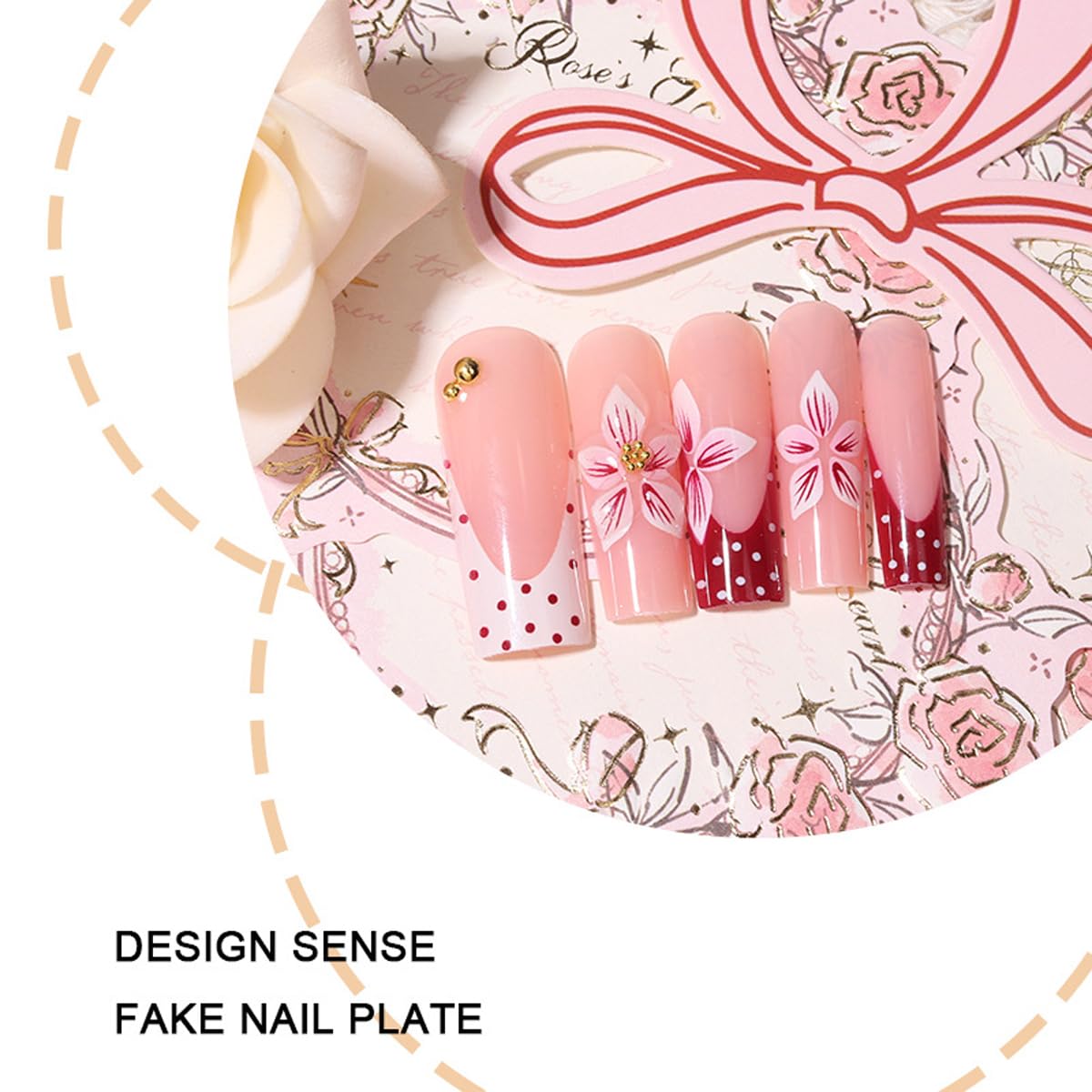 Polka Dot Press on Nails French Tip Fake Nails Long Square Nails Press ons with Flower & 3D Gold Pearl Design Glossy Nude Pink Nail Full Cover Acrylic Glue on Nails for Women Manicure 24Pcs