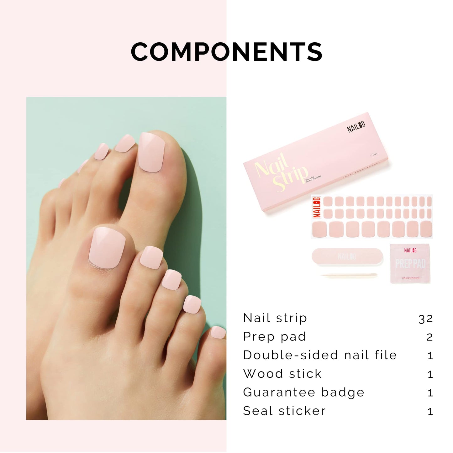 NAILOG Semi Cured Gel Nail Strips, Toe Nail Polish Strips with Glossy Gel Finishing | Buy 3 Get 1 UV Lamp| 32 Pieces Long Lasting Pedi Stickers | Dusty Rose