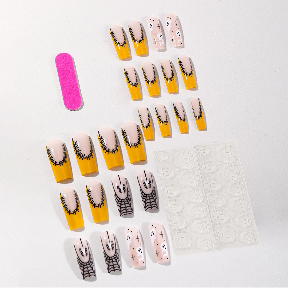 Halloween Press on Nails Long Coffin Fake Nails Spider Web Glue on Nails Cute Ghost Stick on Nails Square Nude Acrylic Nails Press ons for Women Manicure 24 Pcs