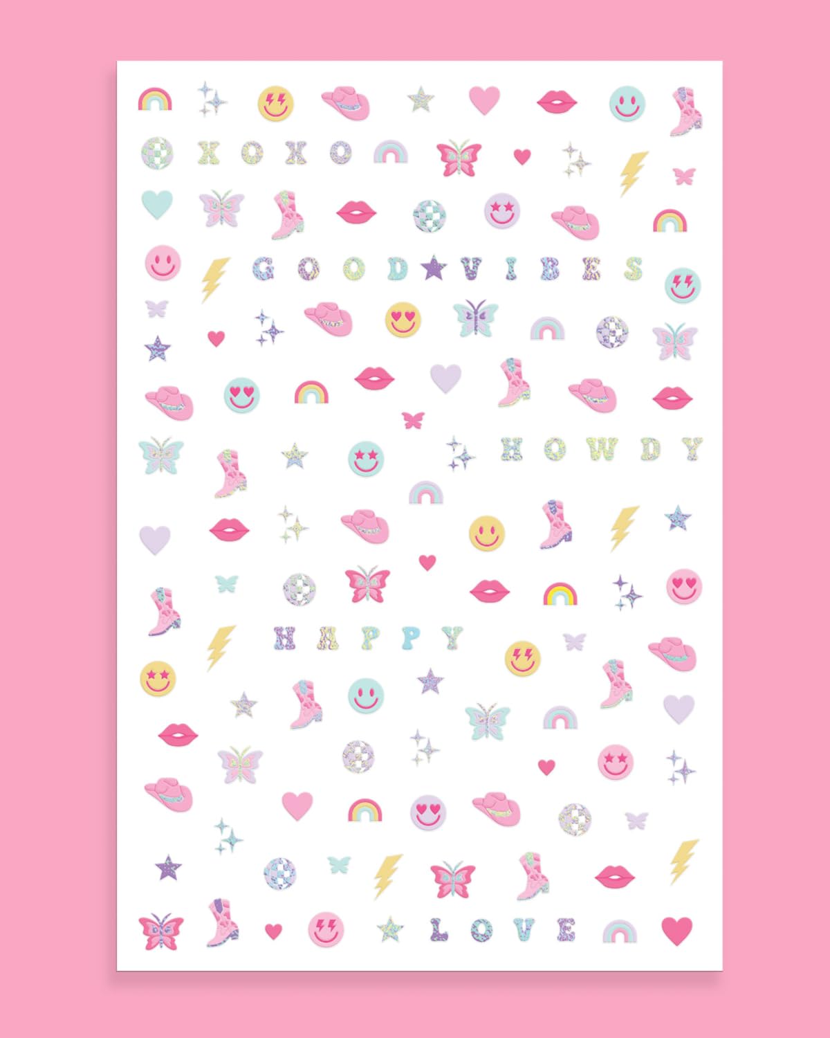 xo, Fetti Party Preppy Nail Stickers | 496 Stickers | Girly Party Accessory, Rainbow Bachelorette Decorations, Smiley Birthday Manicure, Butterfly Adhesive Press Ons