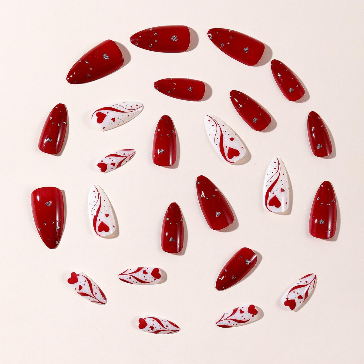 24Pcs Valentines Press on Nails Medium Almond Fake Nails Red False Nail Tip Kit with Soft Lines Heart Designs Sparkly Glossy Glue on Nails Reusable Full Cover Acrylic White Stick on Nail for Women