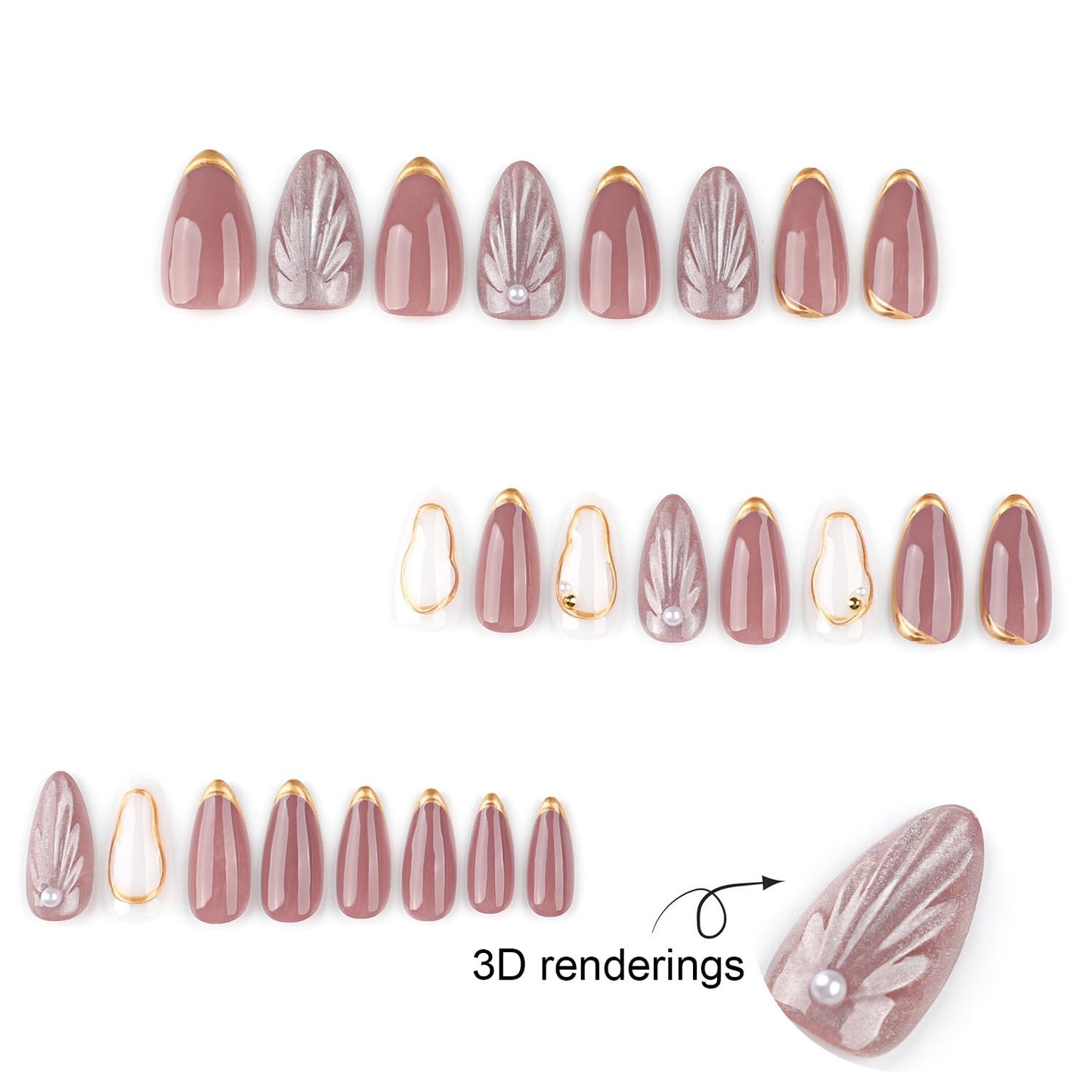 3D Press On Nails Almond Shape, Nude Pink with Gold Edge & Pearl Design, Glossy Luxury Fake Nails Set, 24PCS Reusable Artificial Nails for Women