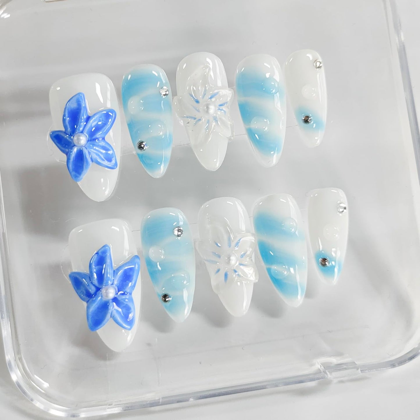 Handmade Nails Almond Press on Nails Medium Length 3D Floral Thick Acrylic Fake Nails Blue&White False Nails with Rhinestones Pearls Designs Summer Nail Art Press on Nails 10Pcs(M)