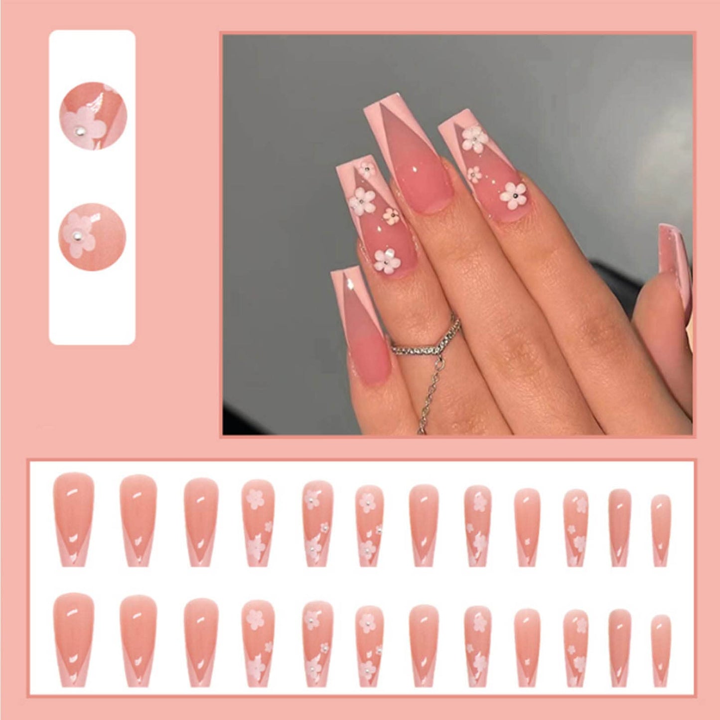 YoYoee French False Nails Long Coffin Press on Nails Daisy Fake Nails Acrylic Full Cover Ballerina Nails Tips for Women and Girls 24Pcs