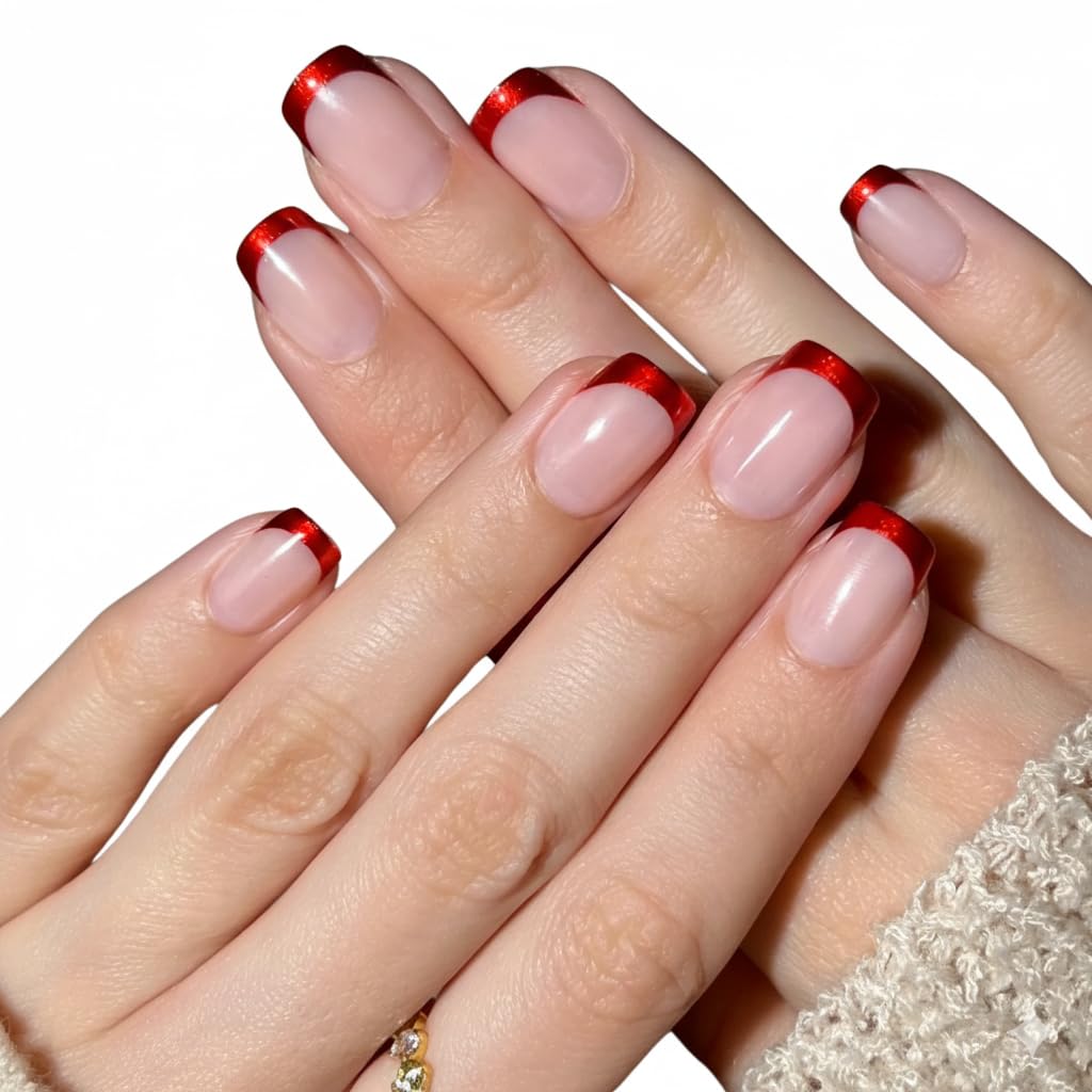 PaintLab Press On Nails - Red Crimson Short Square Fake Nails, 30 Nails in 15 Sizes with Glue, Reusable Salon Quality Press On Nails
